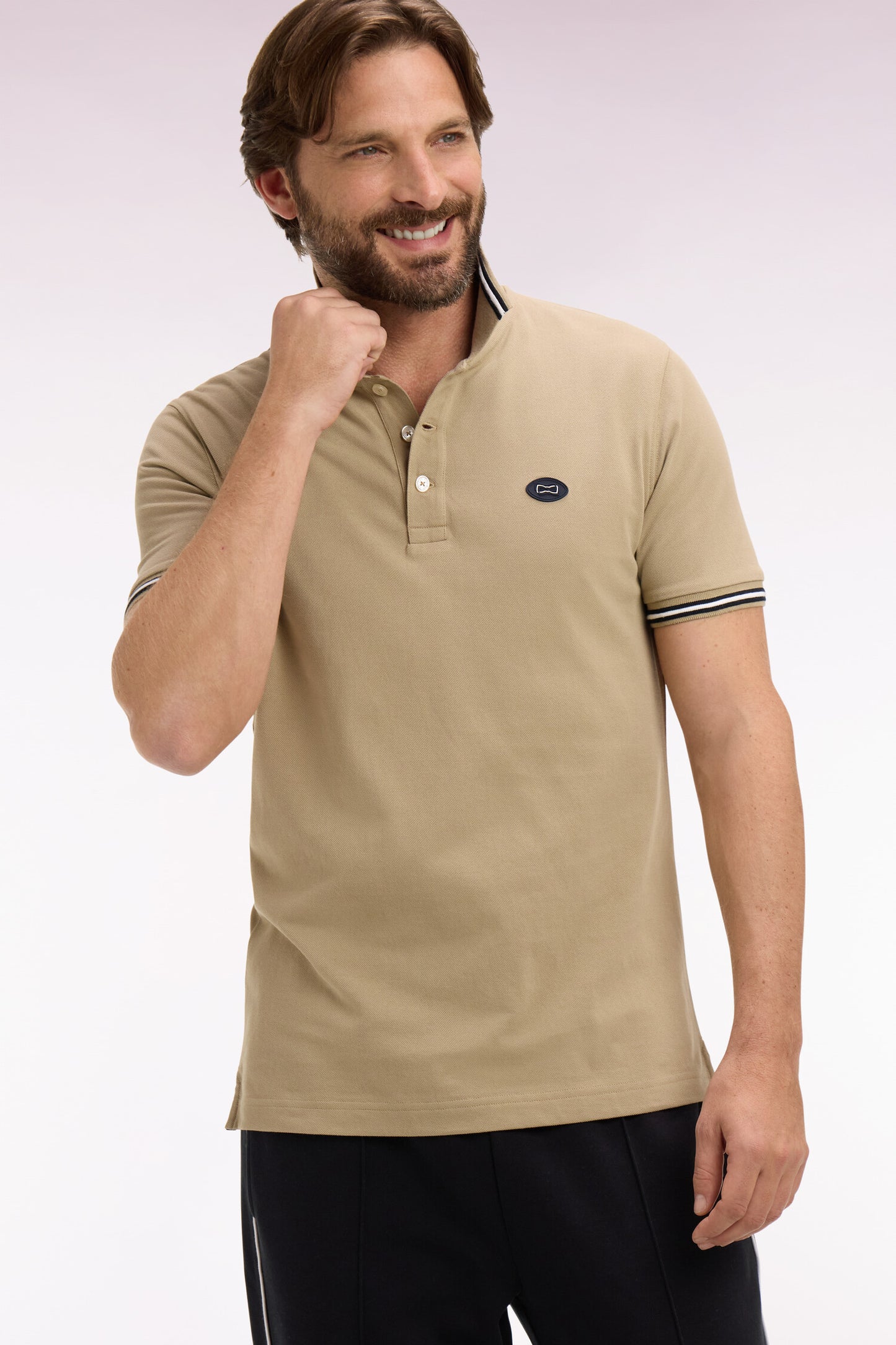 Short-sleeved polo shirt in beige cotton