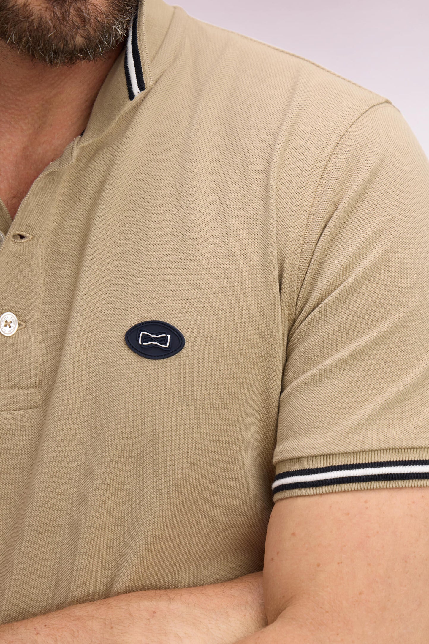 Short-sleeved polo shirt in beige cotton