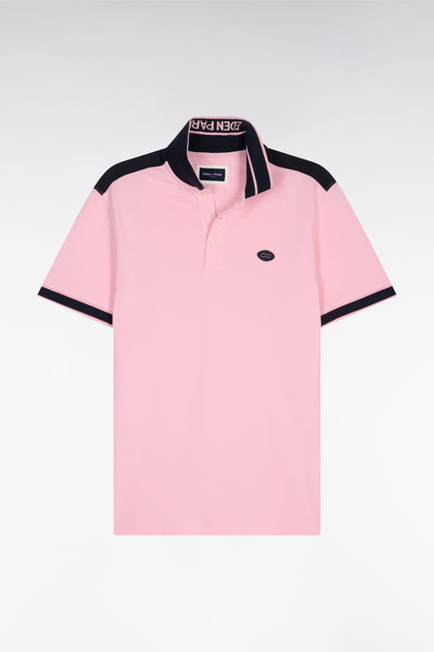 Polo à manches courtes en piqué coton rose à découpes marine - Image 2