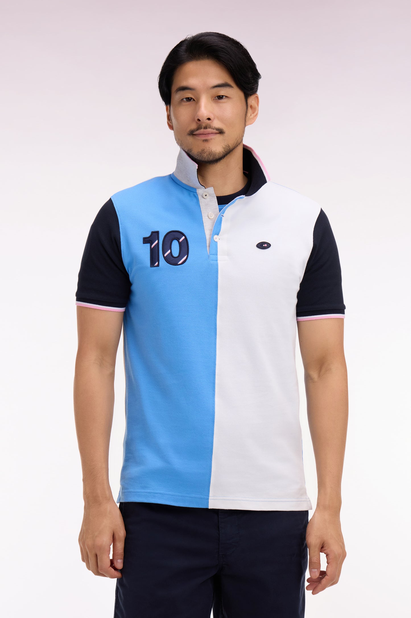 Polo à manches courtes XV de France en coton bleu à découpes verticales