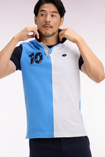 XV de France short-sleeved polo shirt in blue cotton with vertical cutouts