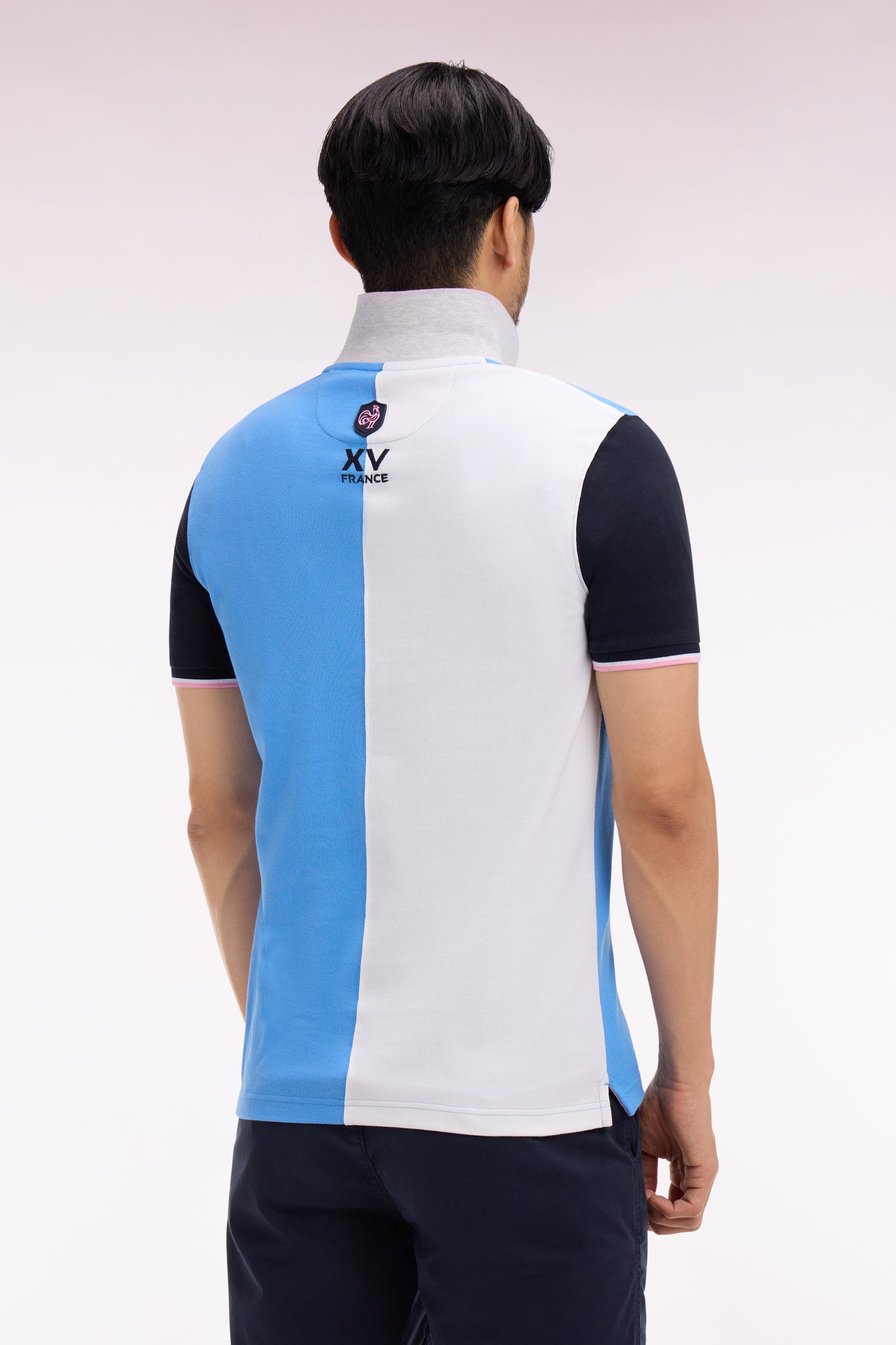 Polo à manches courtes XV de France en coton bleu à découpes verticales