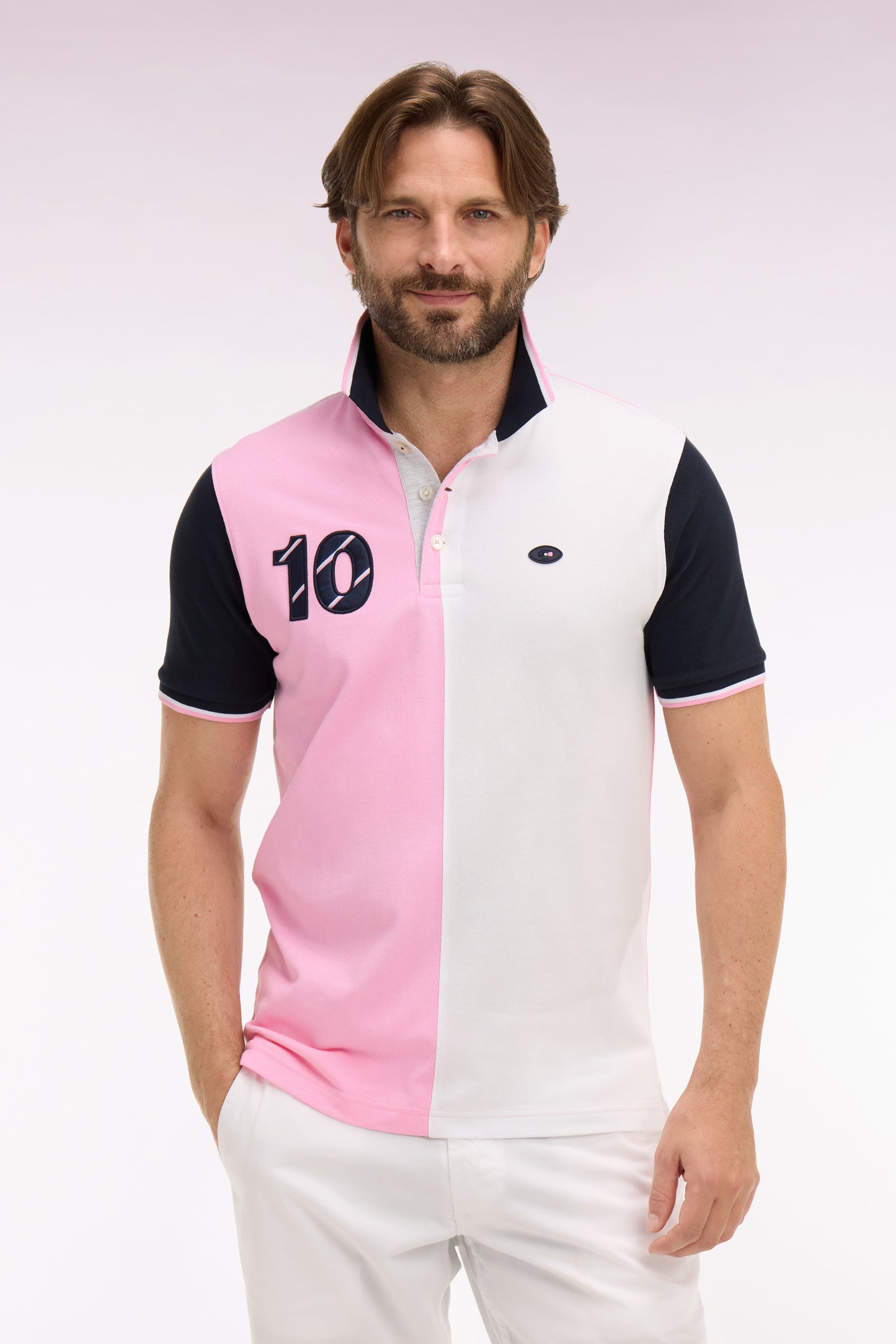 XV de France short-sleeved polo shirt in pink cotton with dial cutouts