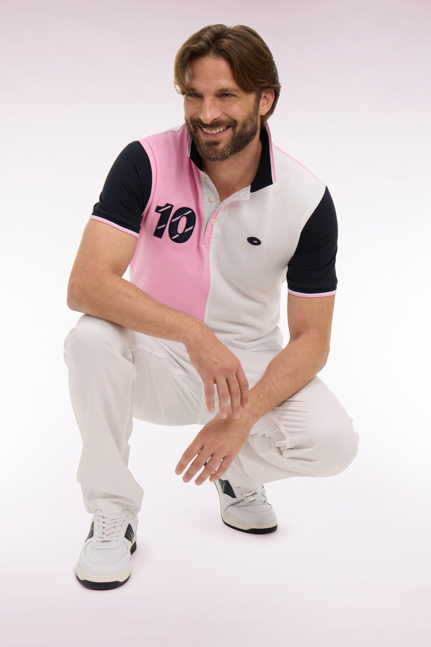 XV de France short-sleeved polo shirt in pink cotton with dial cutouts