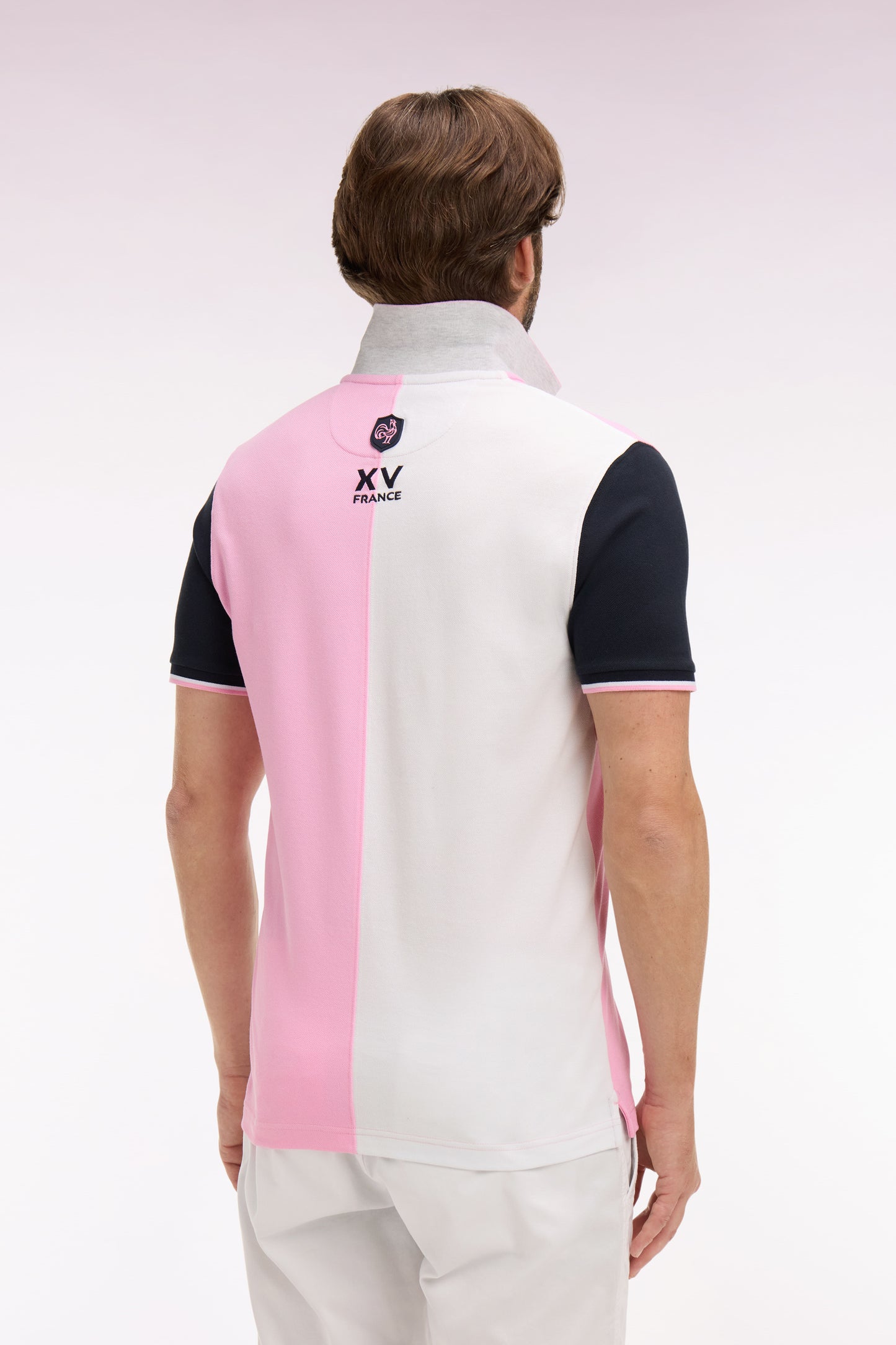 XV de France short-sleeved polo shirt in pink cotton with dial cutouts