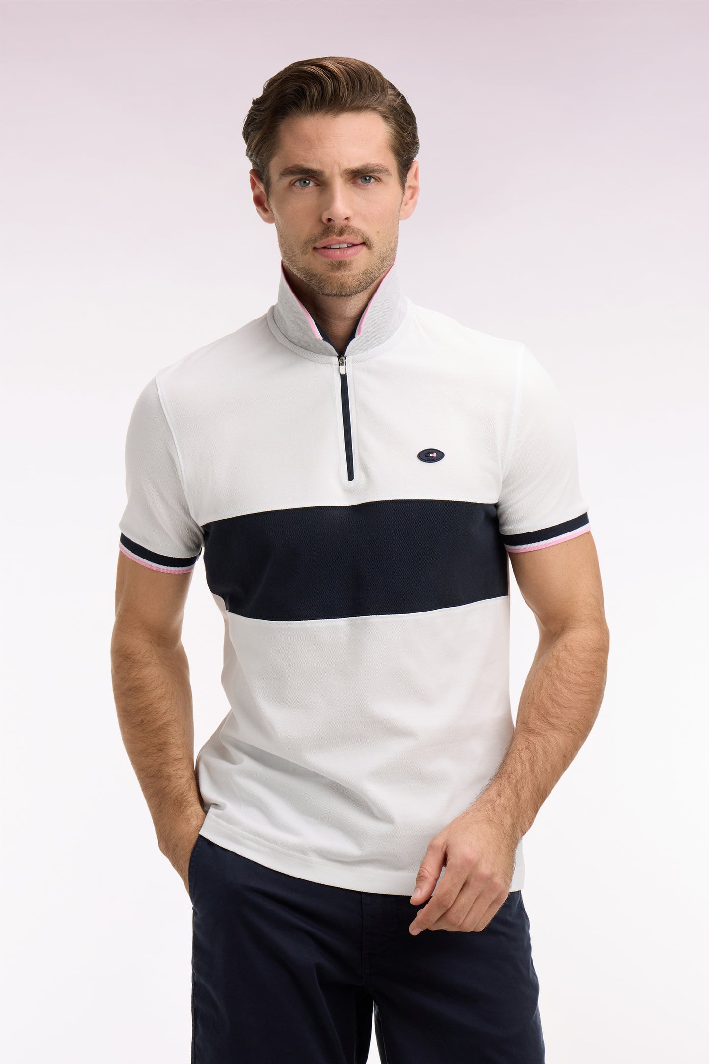 Polo à manches courtes XV de France en piqué coton blanc découpes marine