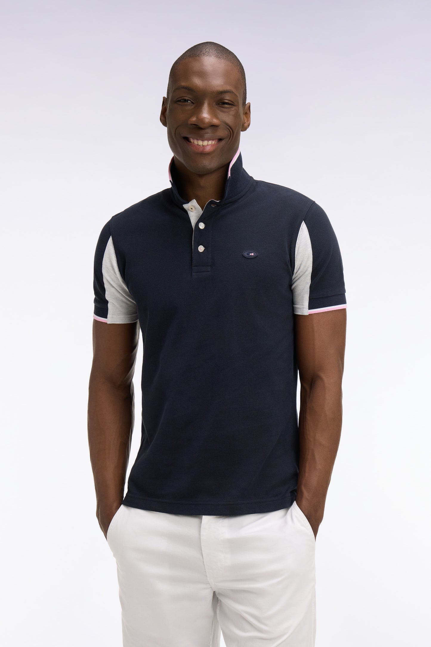 XV de France short-sleeved polo shirt in navy cotton pique with cut-out sleeves