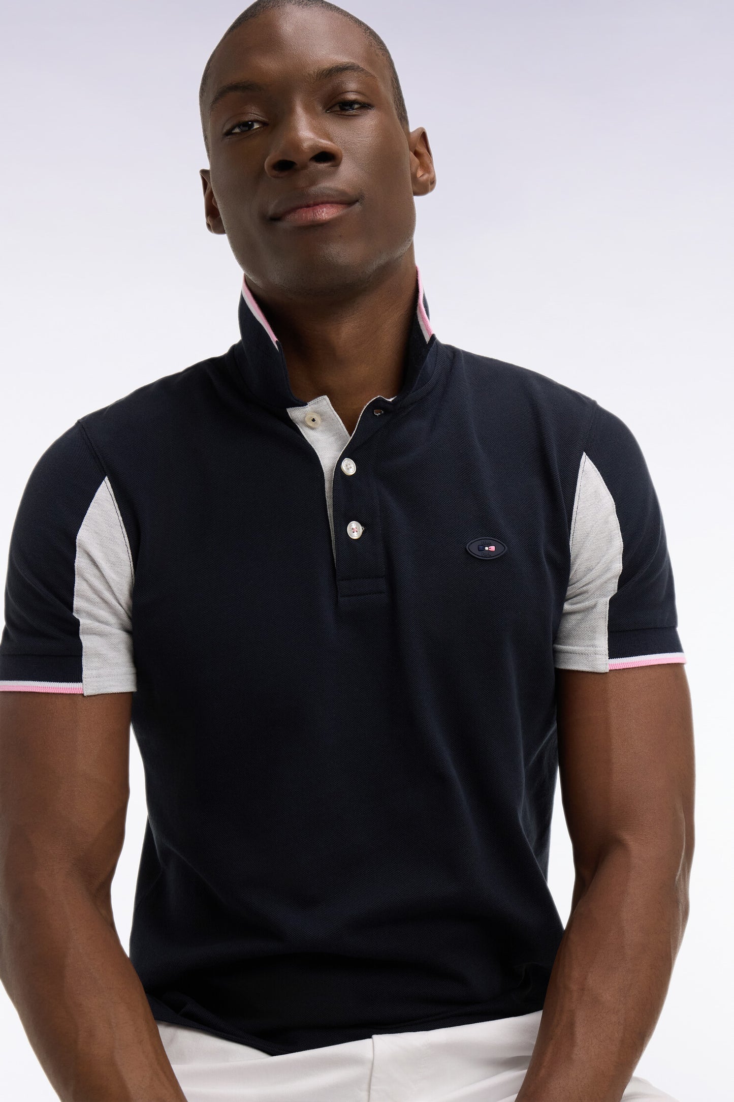 XV de France short-sleeved polo shirt in navy cotton pique with cut-out sleeves