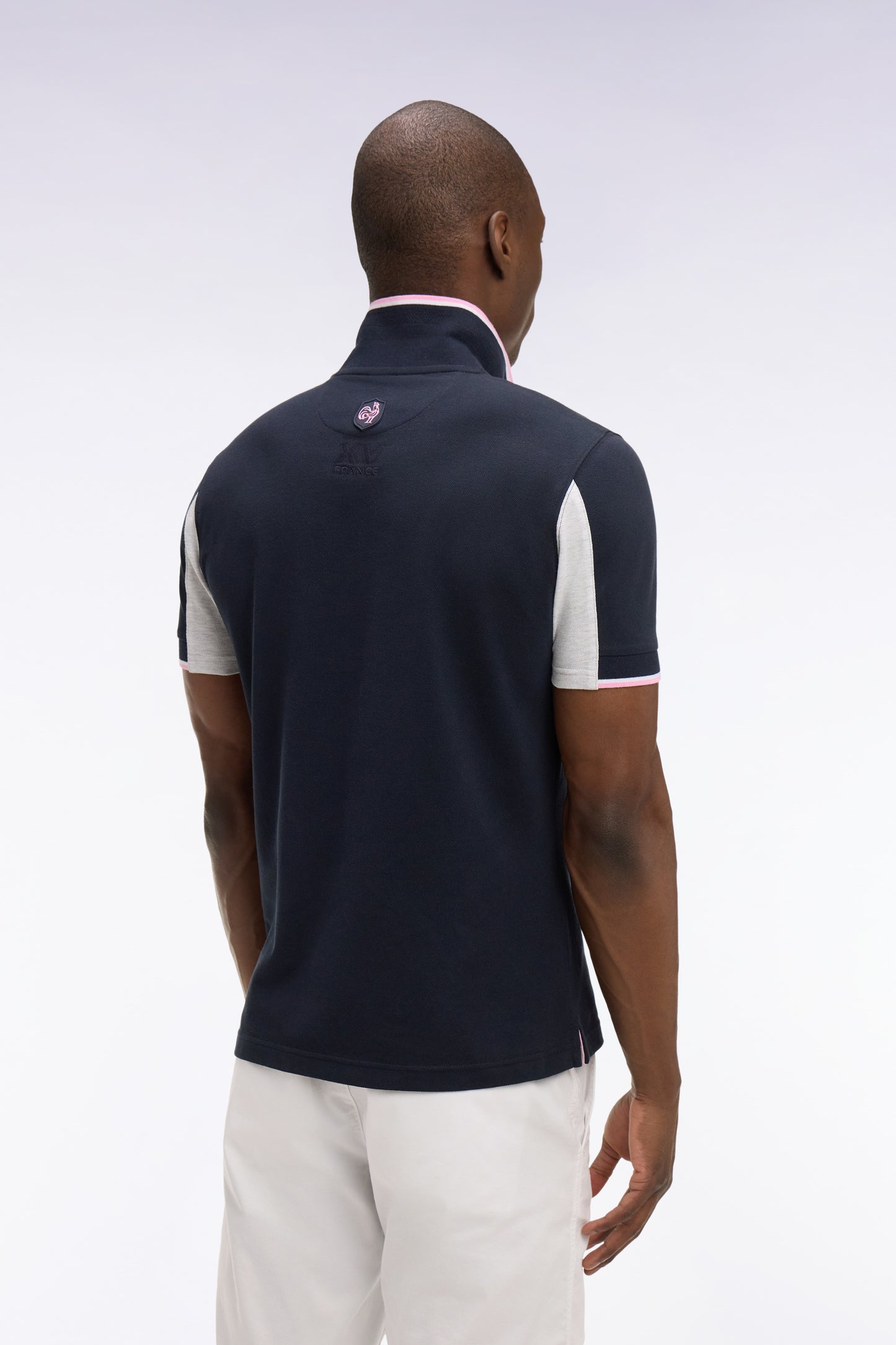 XV de France short-sleeved polo shirt in navy cotton pique with cut-out sleeves