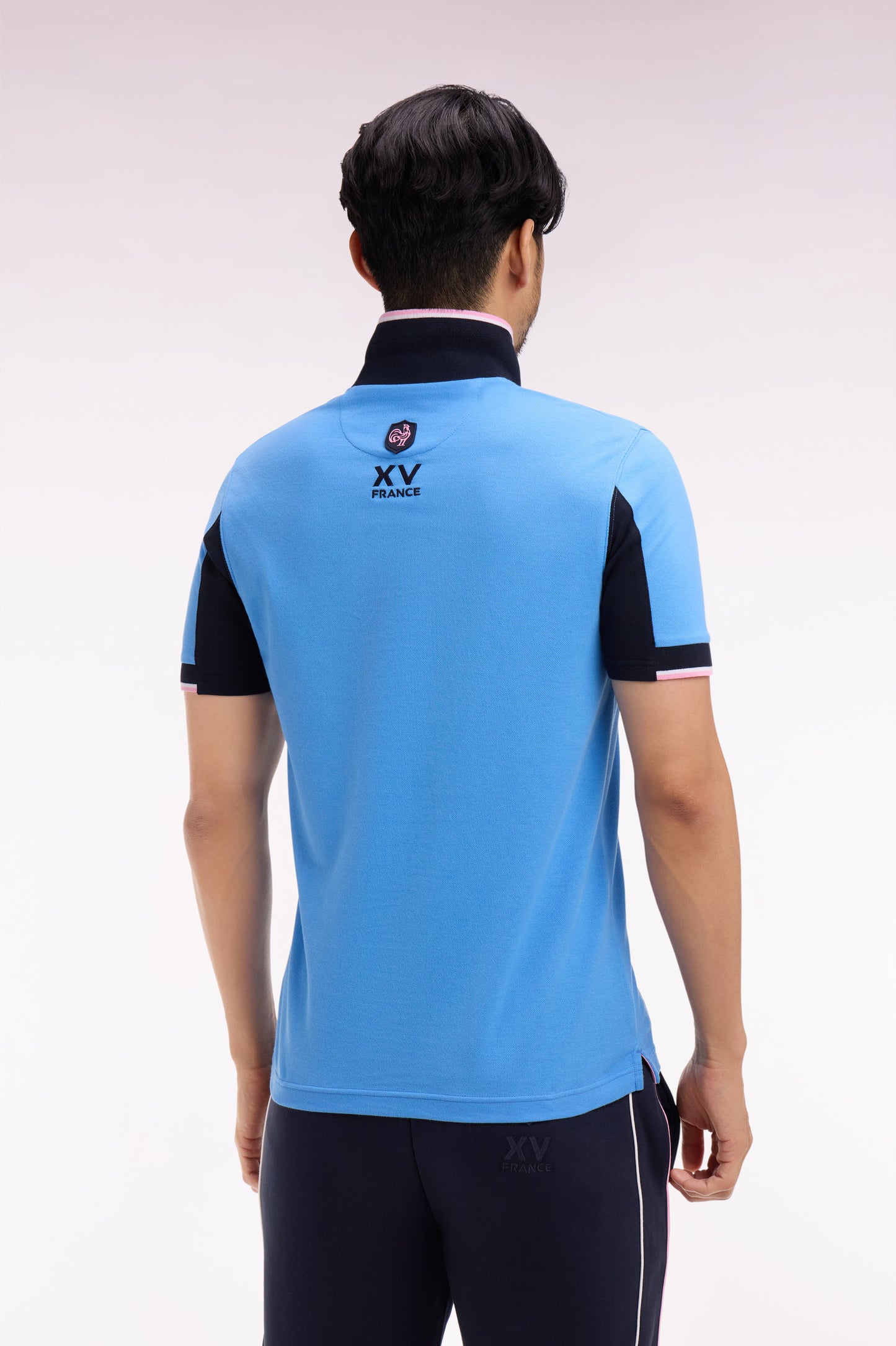 XV de France short-sleeved polo shirt in blue cotton pique with cut-out sleeves