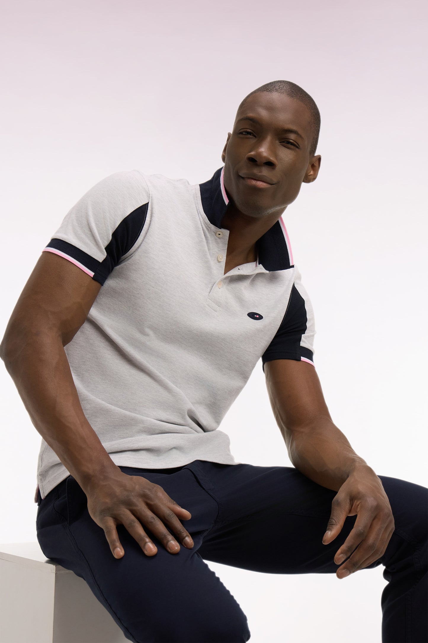 Polo à manches courtes XV de France en piqué coton gris clair à découpes de manches