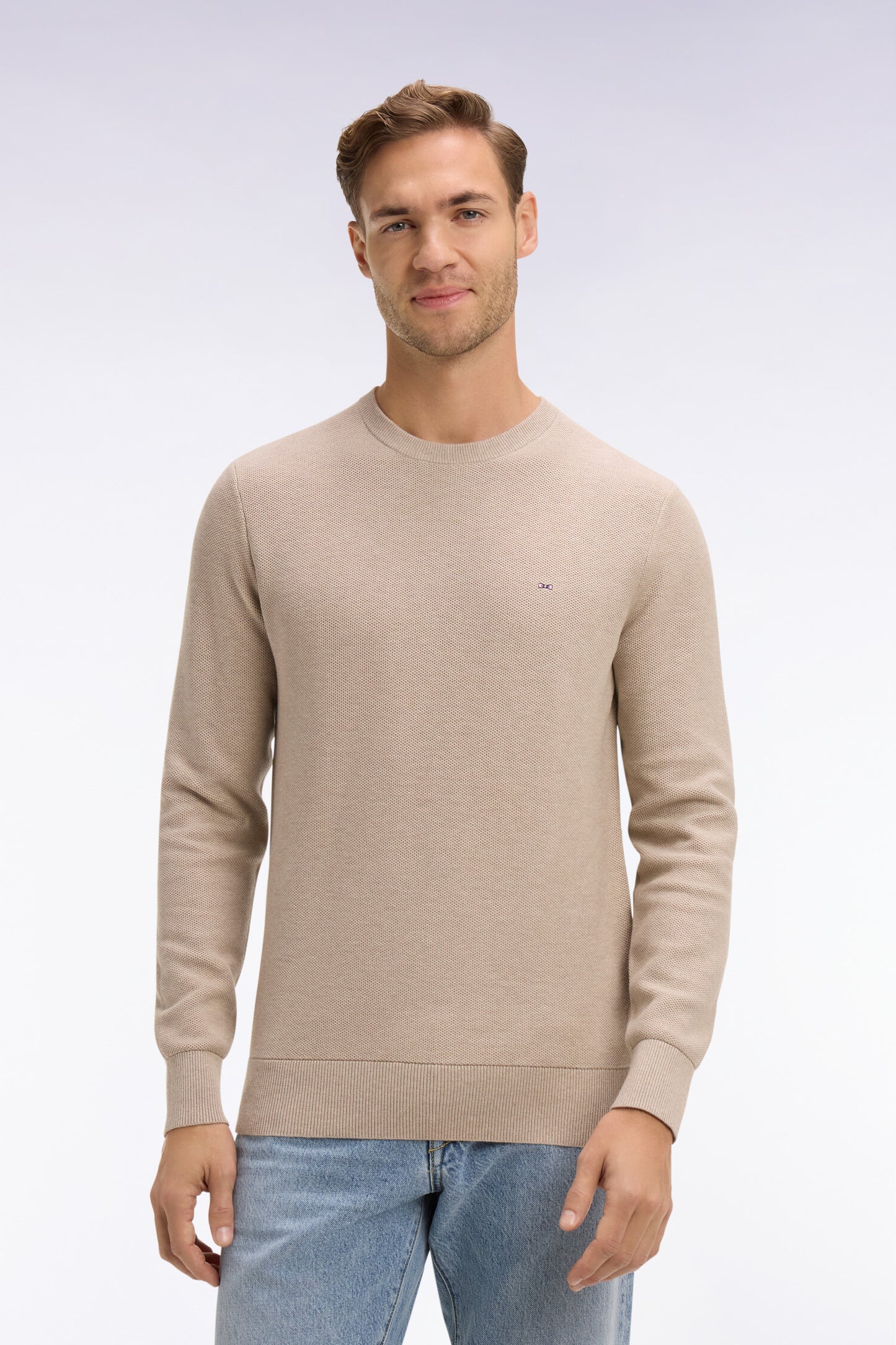 Beige cotton round-neck sweater