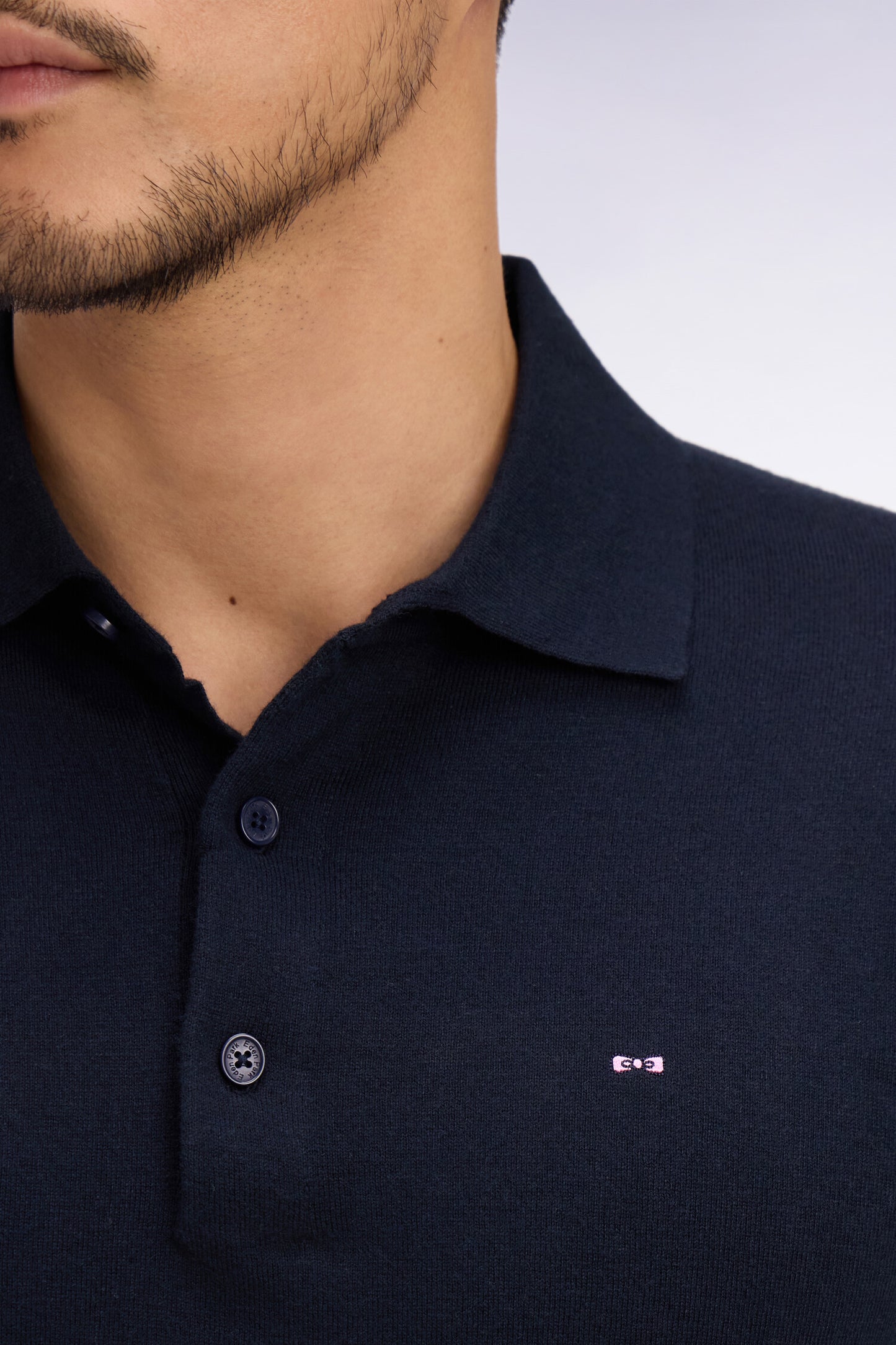 Pull manches courtes col polo en coton et soie mélangés marine