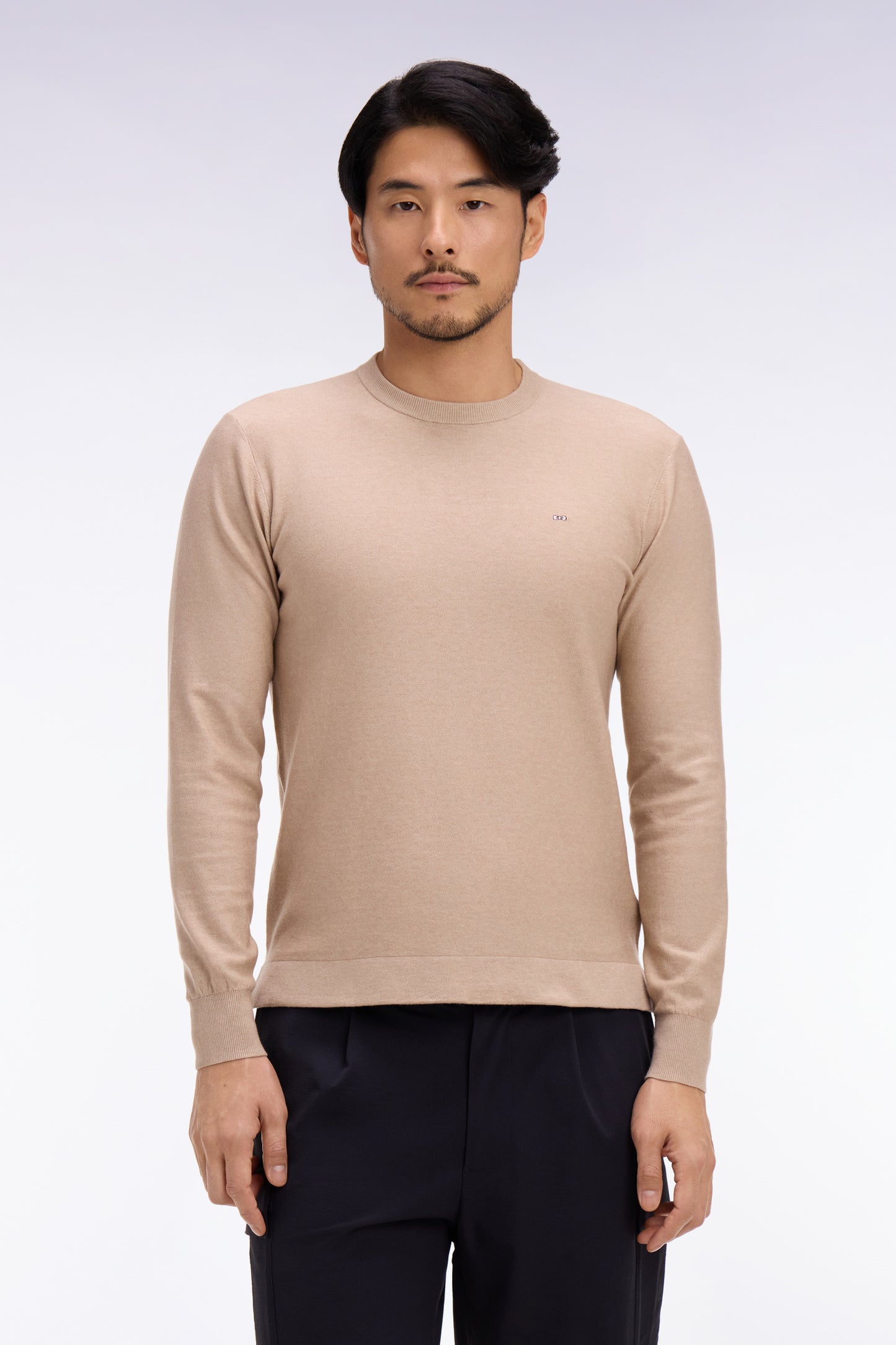 Round-neck sweater in beige cotton and lyocell blend