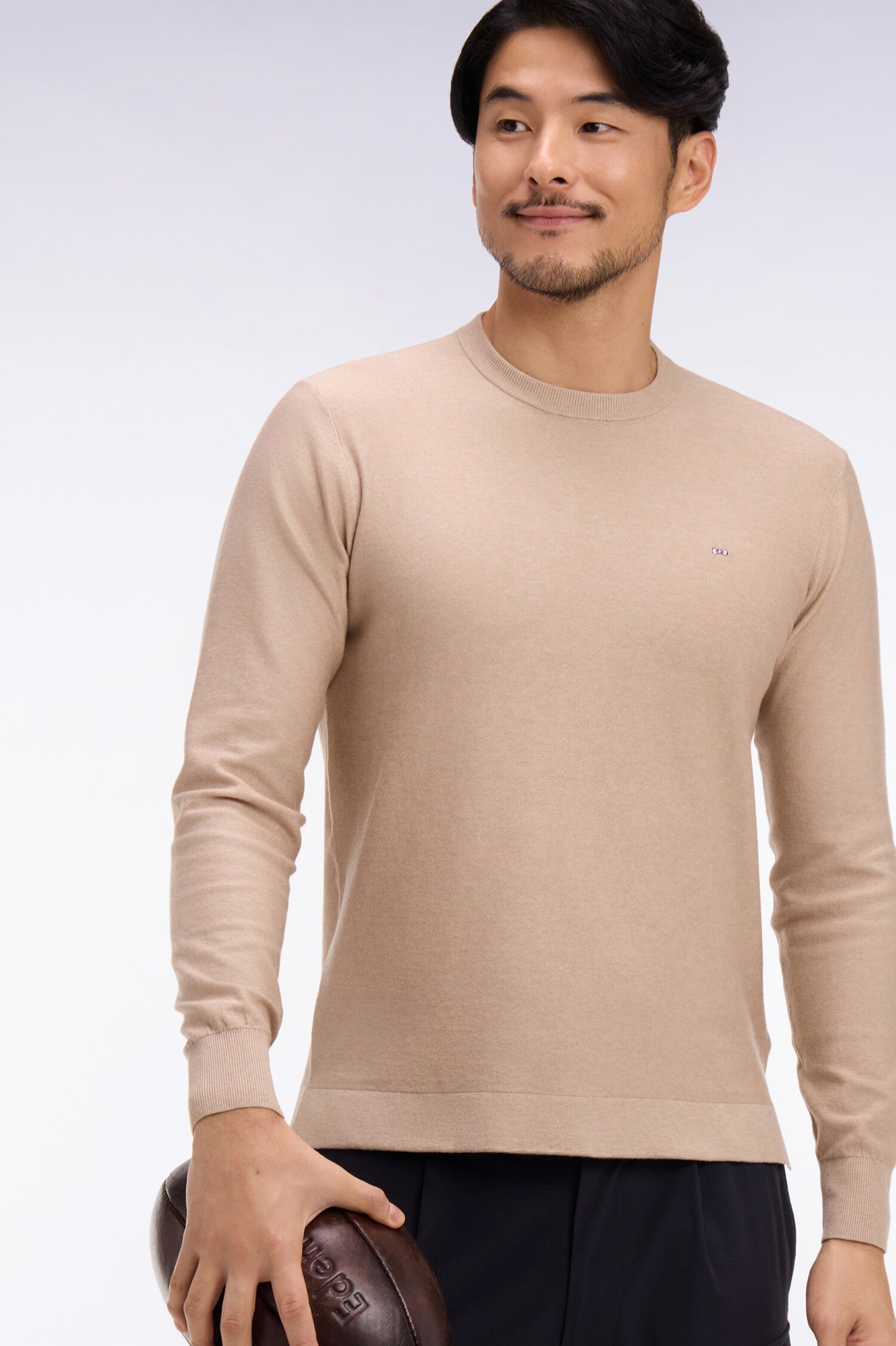 Round-neck sweater in beige cotton and lyocell blend