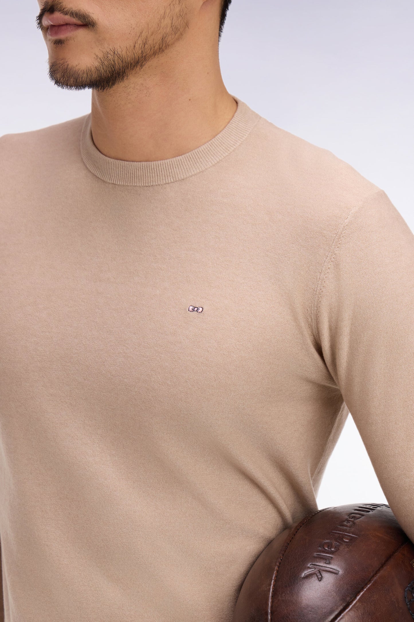 Round-neck sweater in beige cotton and lyocell blend