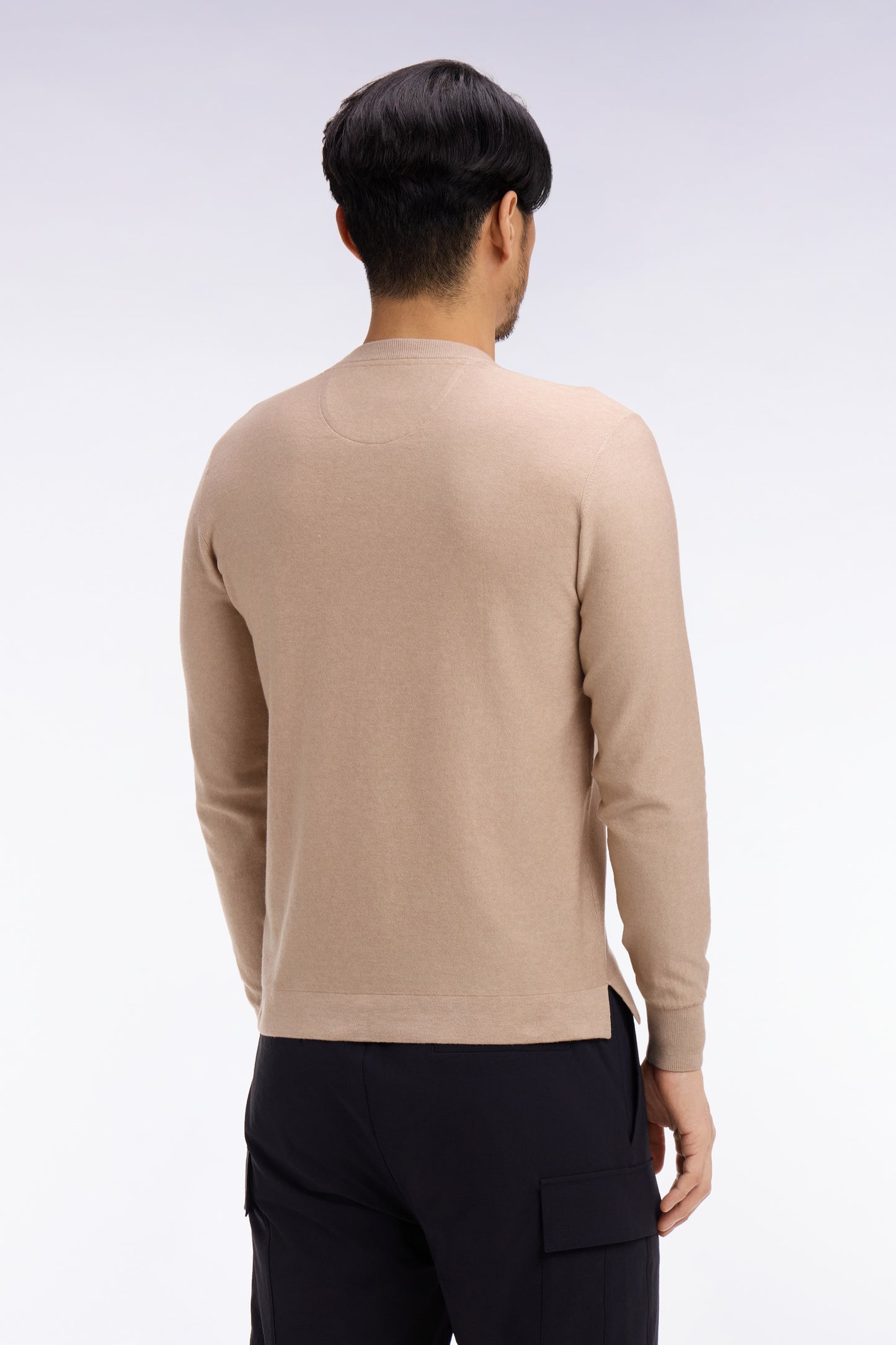 Round-neck sweater in beige cotton and lyocell blend