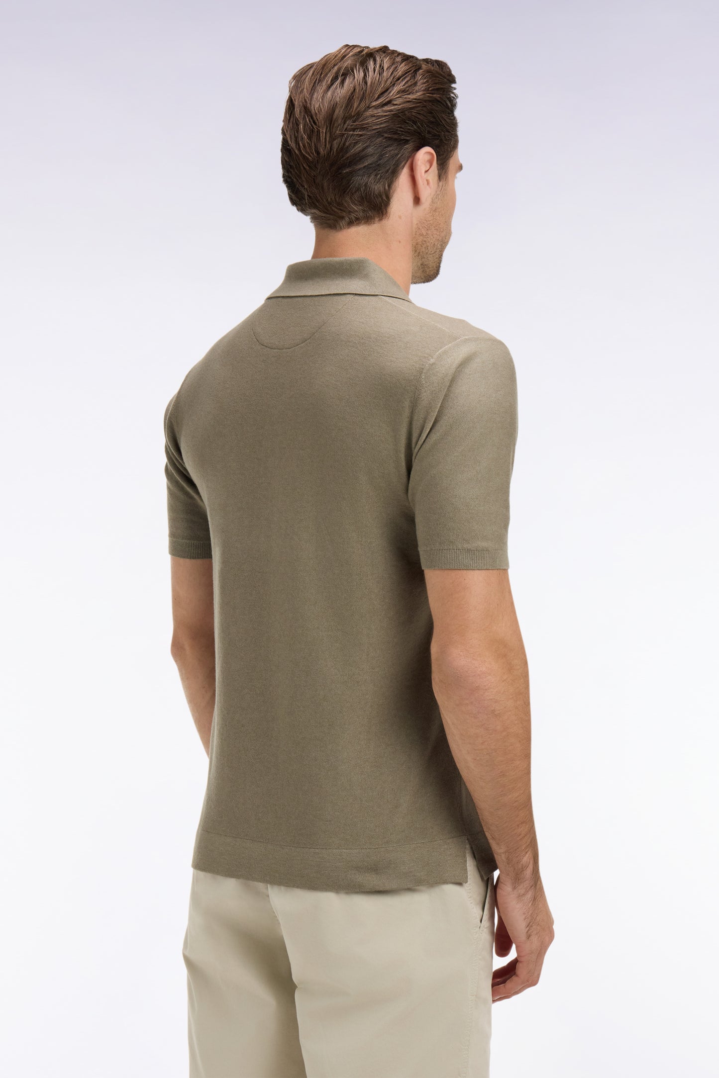 Short-sleeved polo collar sweater in brown cotton and lyocell blend