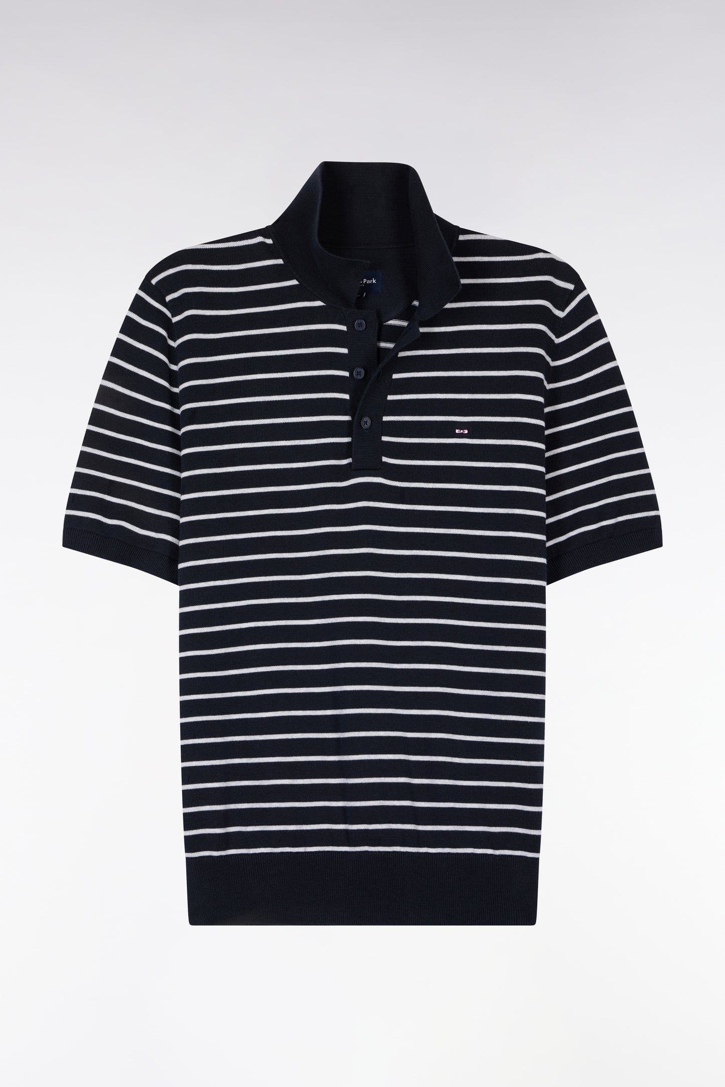 Pull manches courtes à col polo en coton gris rayé