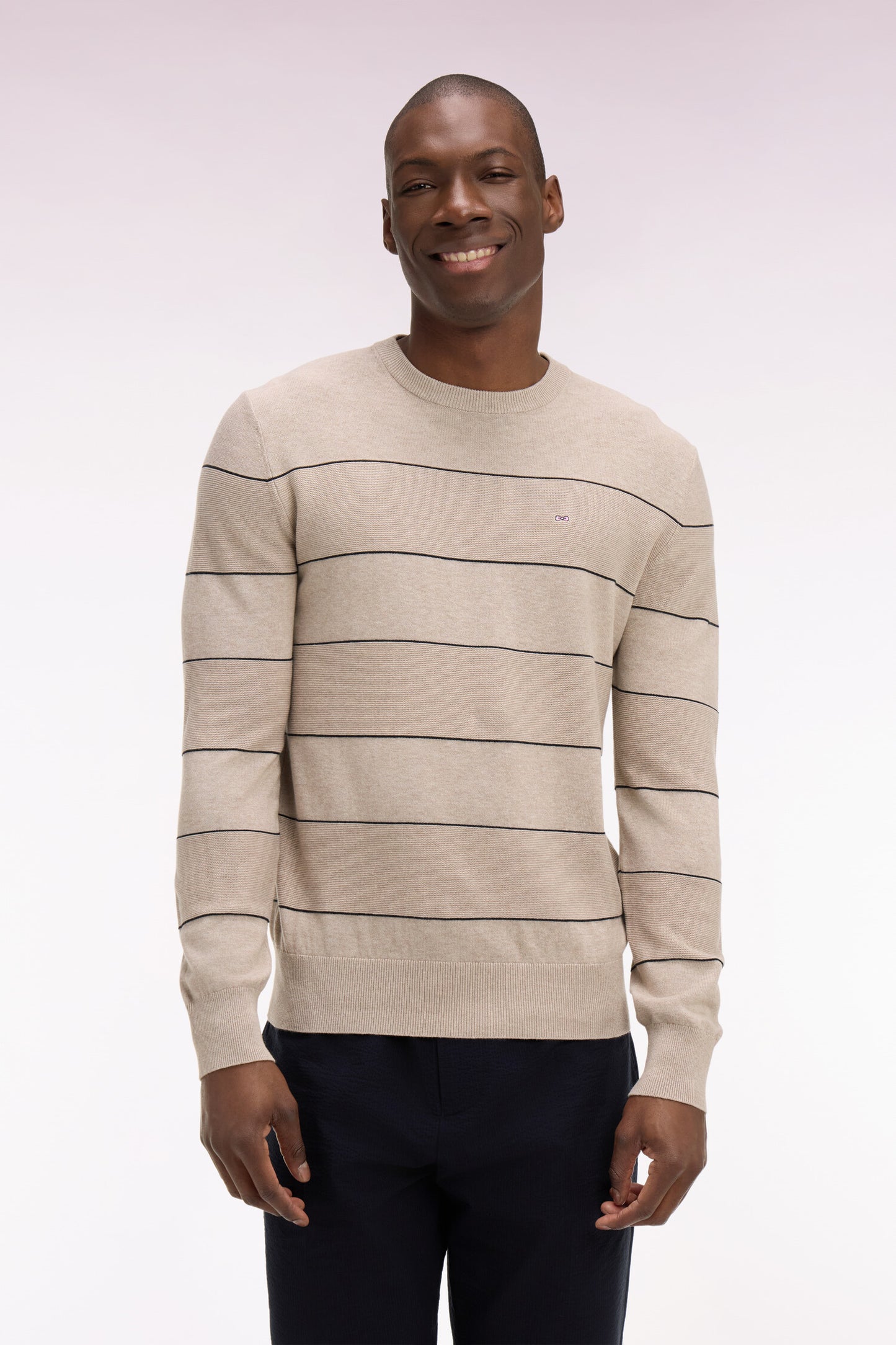 Beige striped cotton round-neck sweater