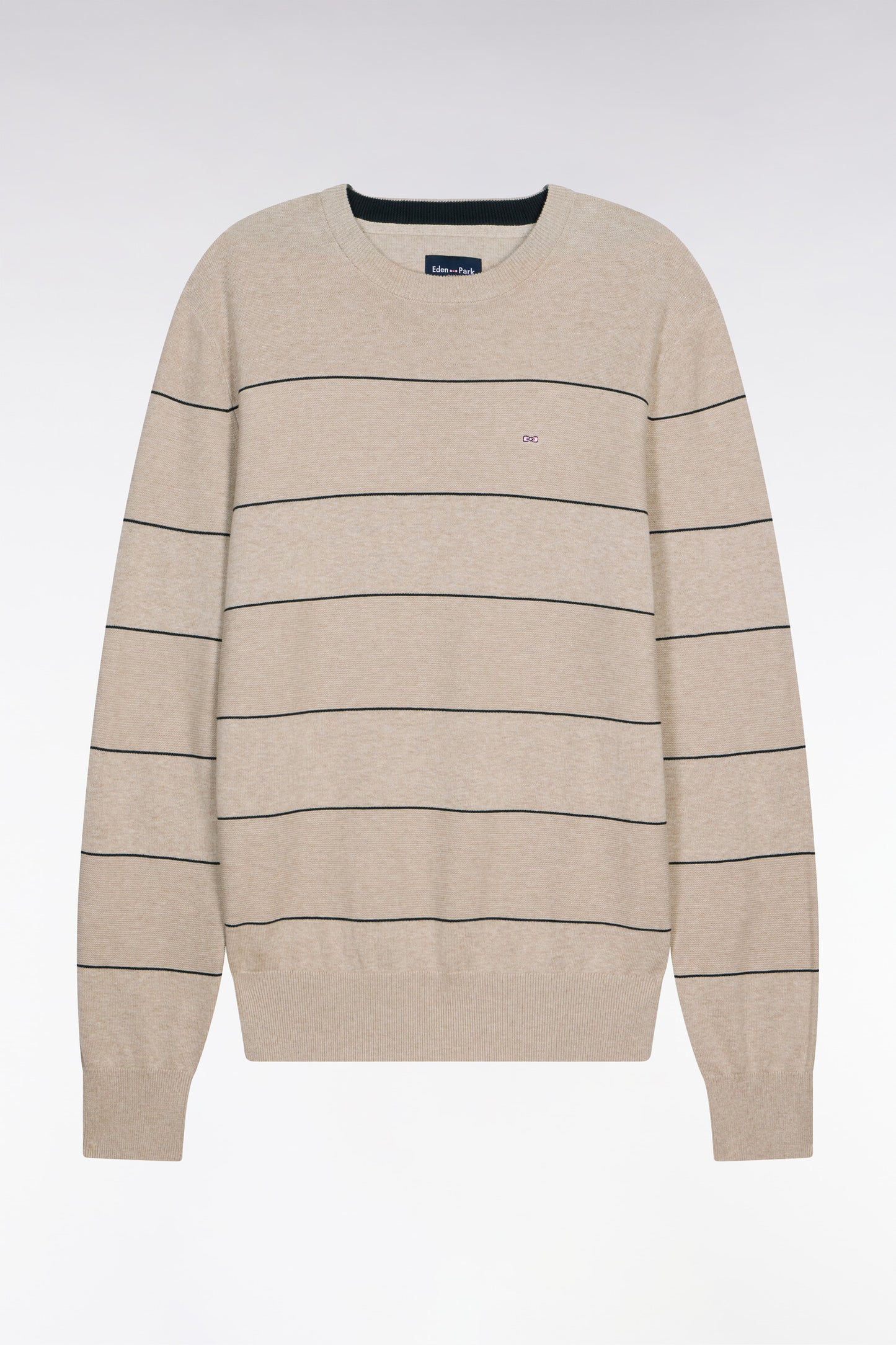 Beige striped cotton round-neck sweater