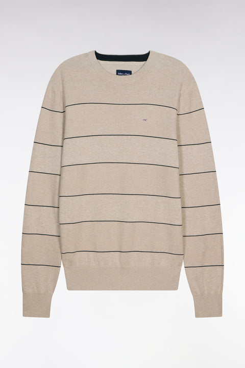Pull col rond en coton beige rayé - Image 2