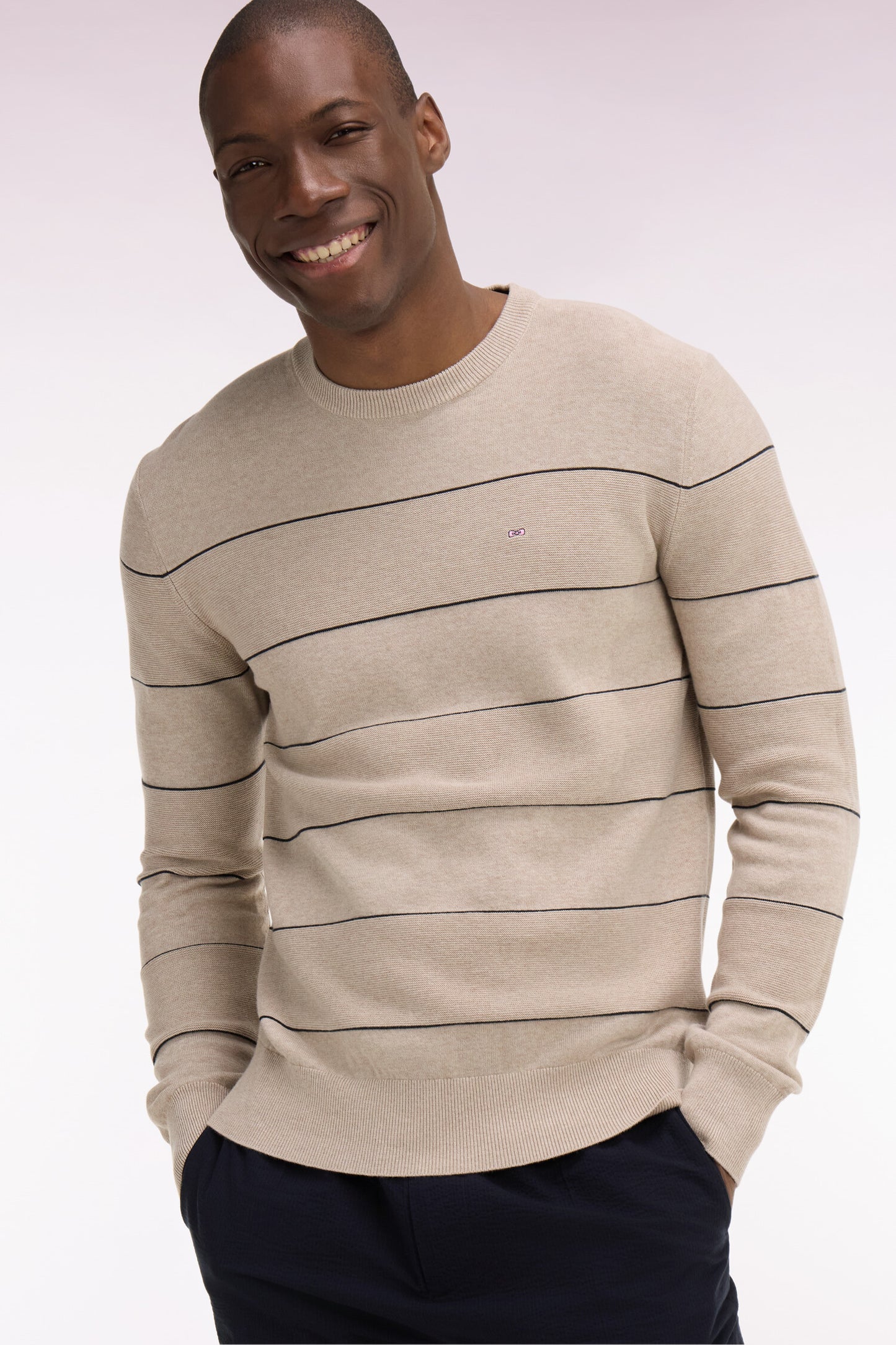 Beige striped cotton round-neck sweater