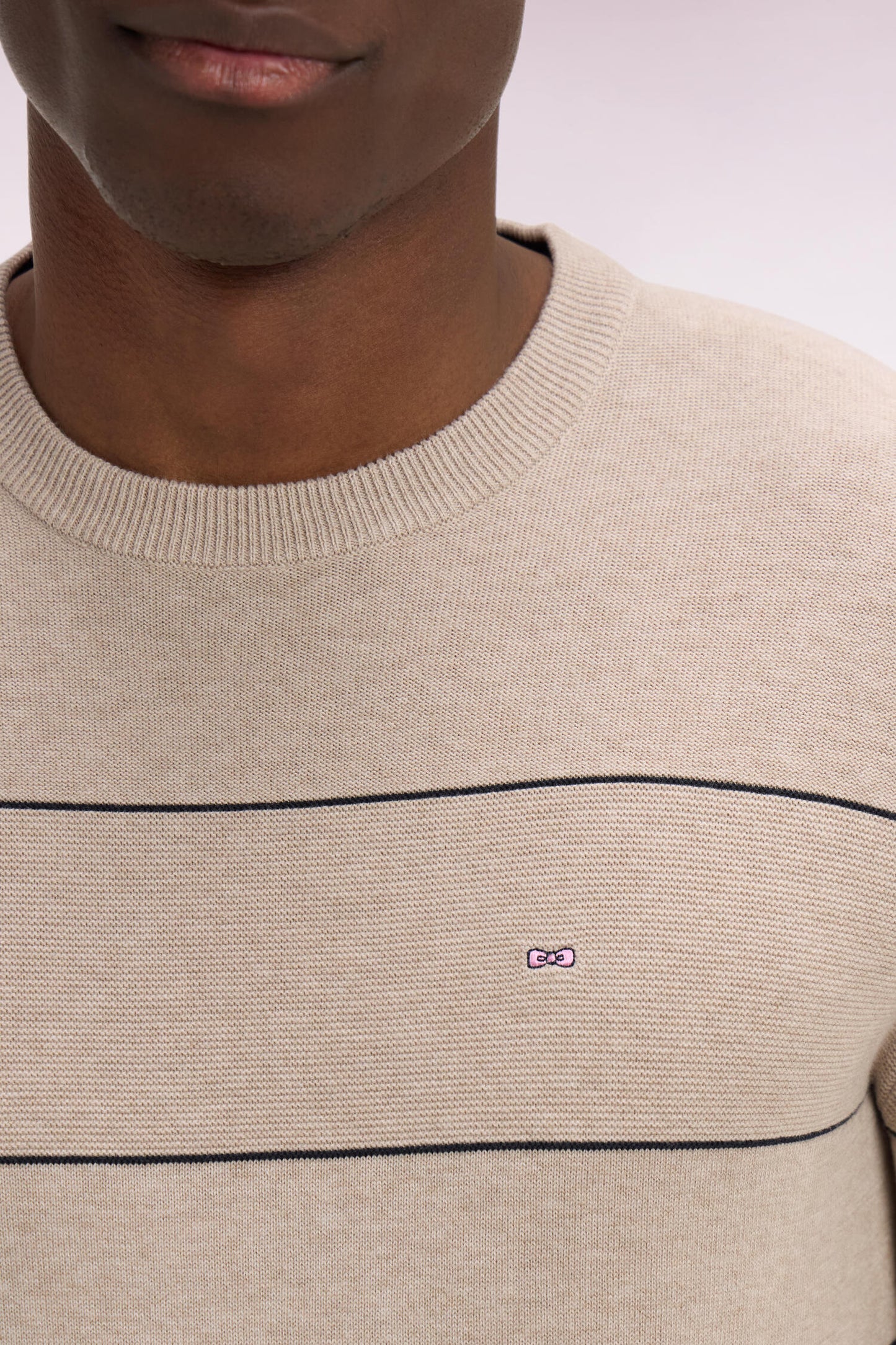 Beige striped cotton round-neck sweater