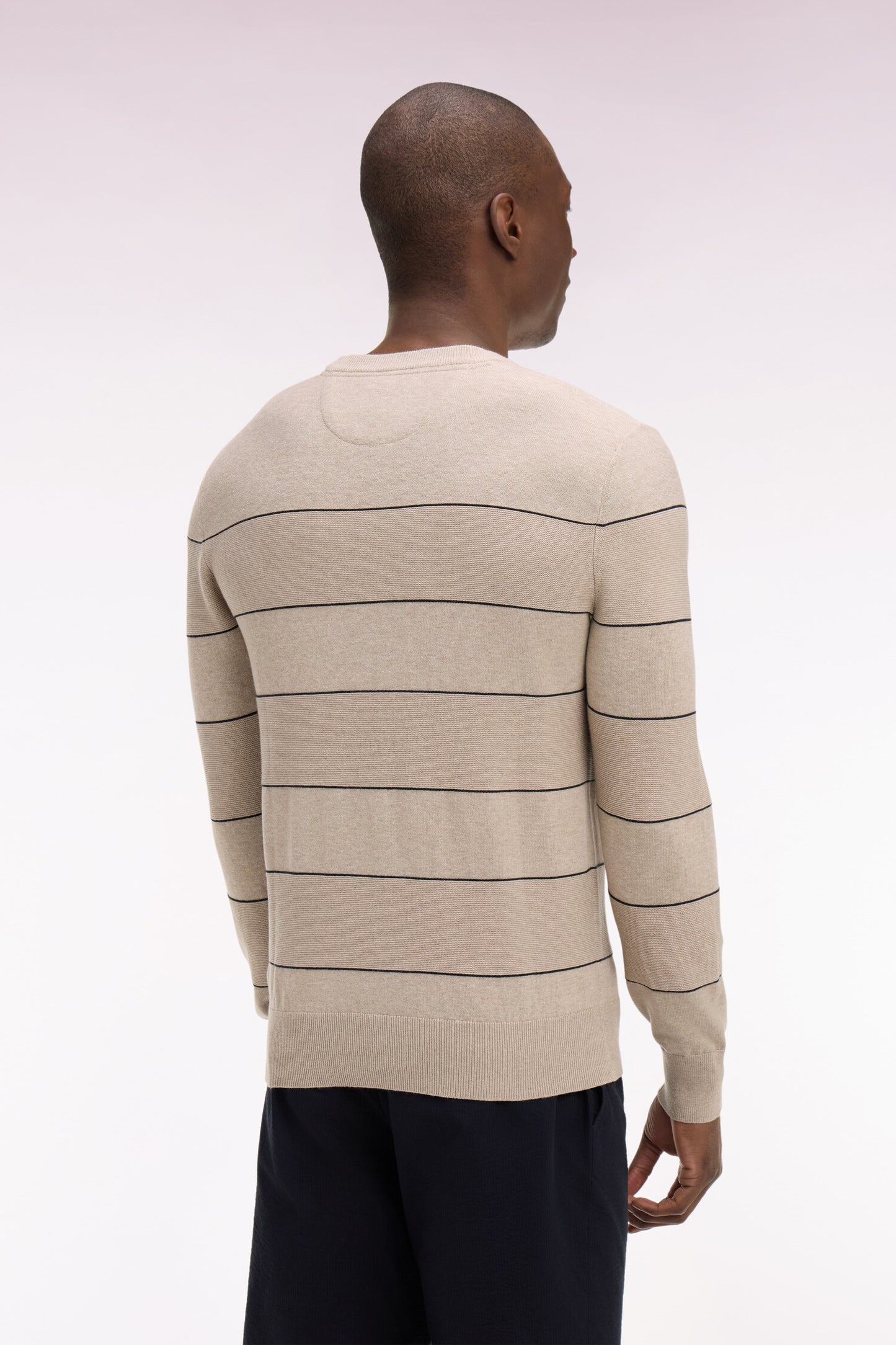 Beige striped cotton round-neck sweater
