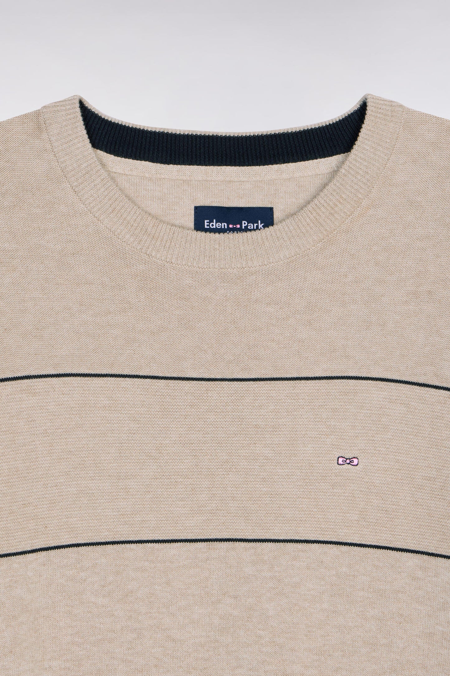 Beige striped cotton round-neck sweater