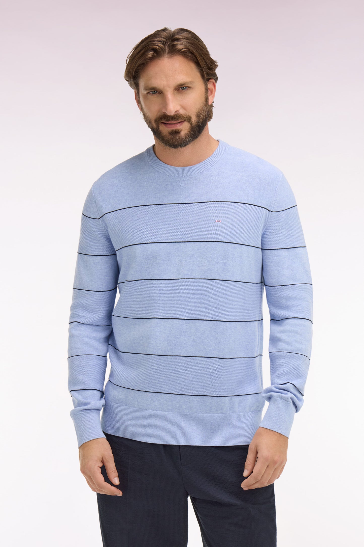 Round-neck striped sky cotton sweater