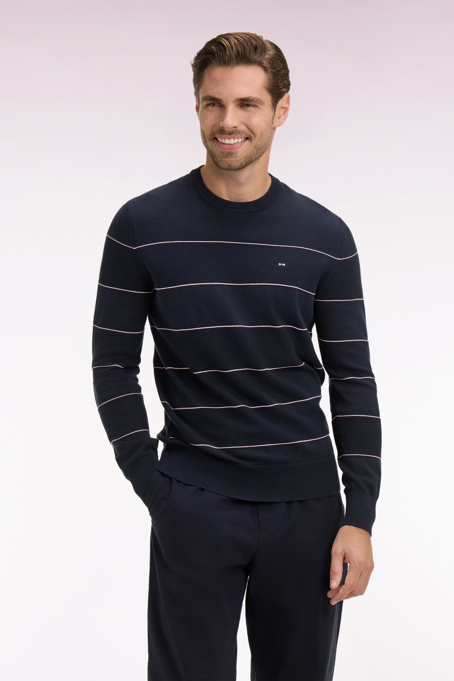 Round-neck striped navy cotton sweater
