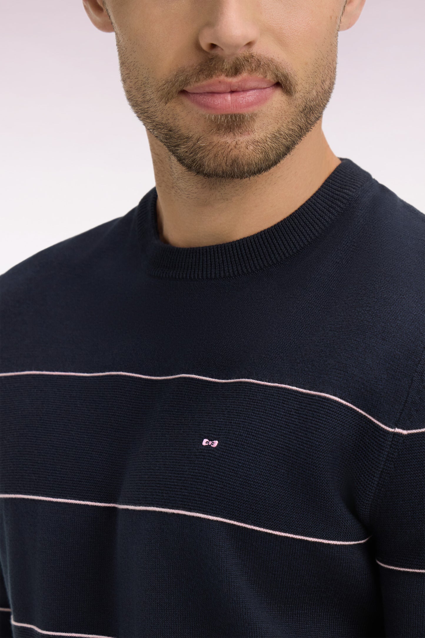 Round-neck striped navy cotton sweater