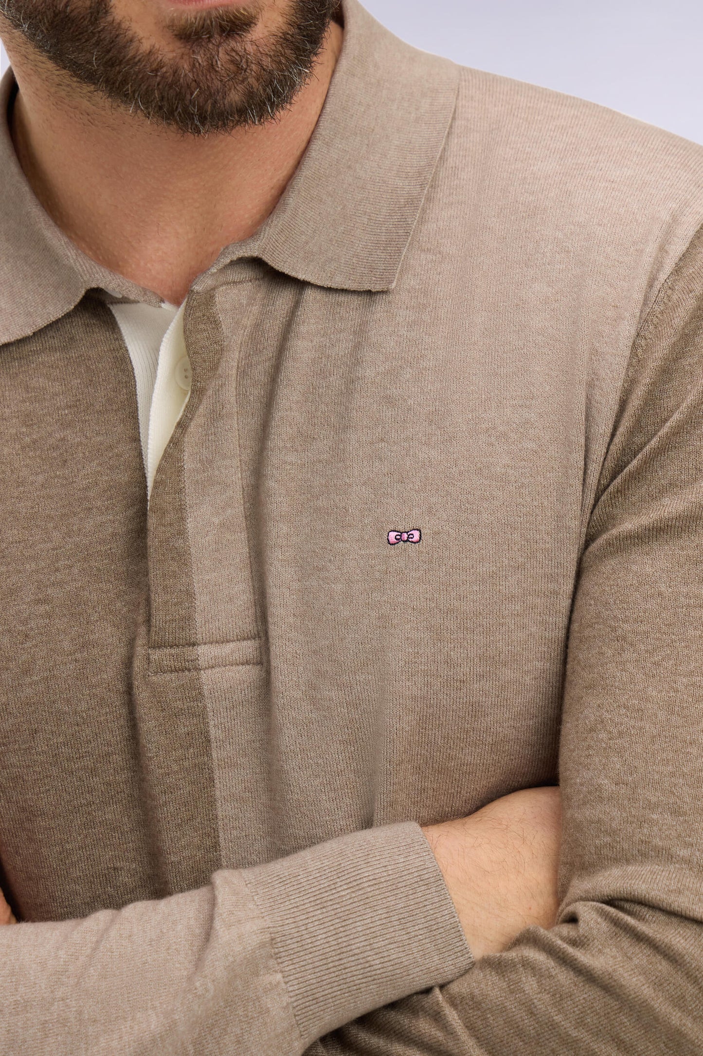 Beige cotton and lyocell blend sweater with jersey collar