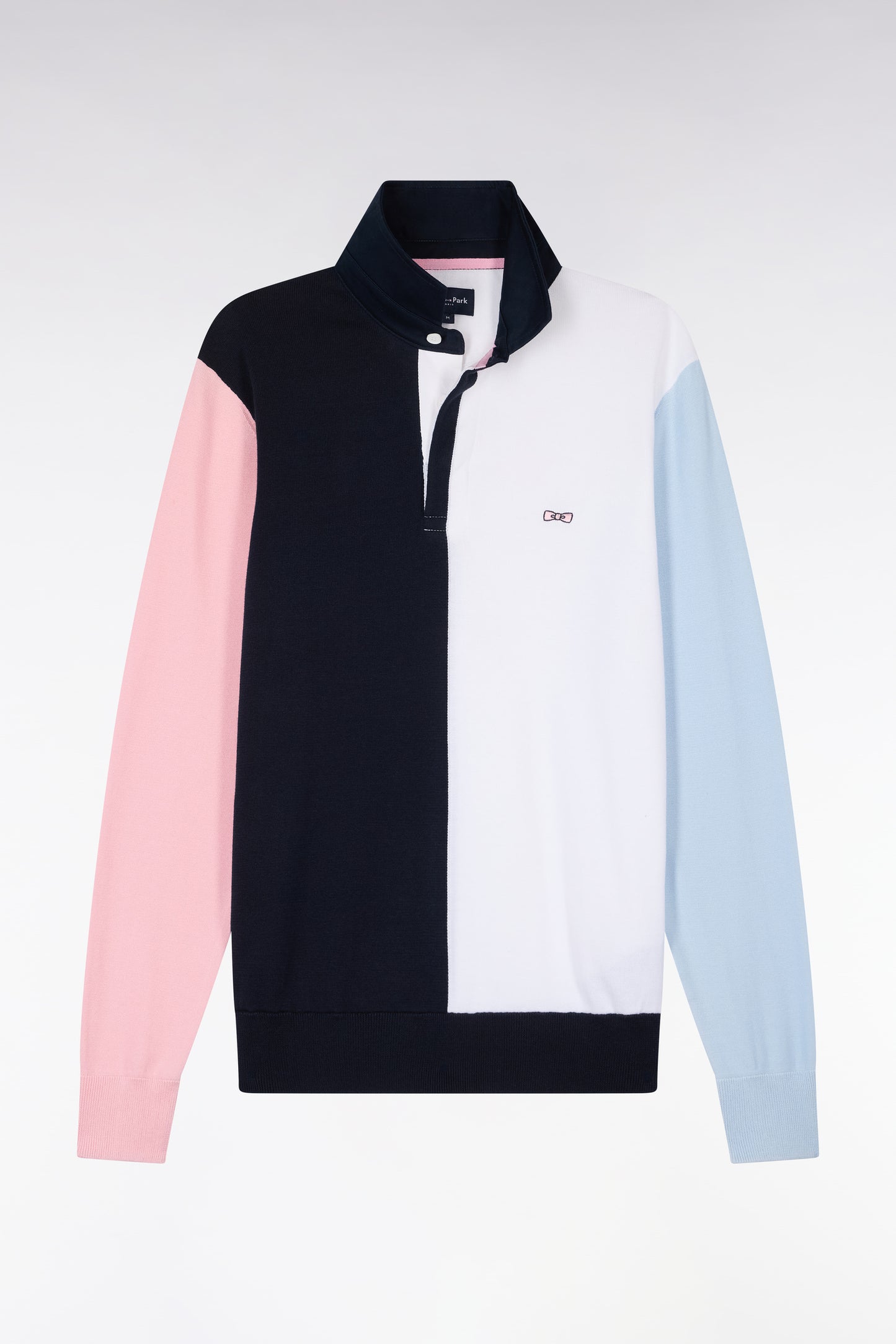 Pull col maillot en coton marine et blanc à manches contrastées