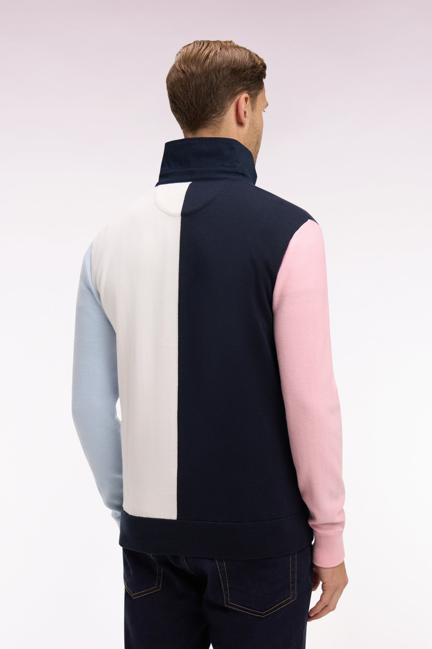 Pull col maillot en coton marine et blanc à manches contrastées