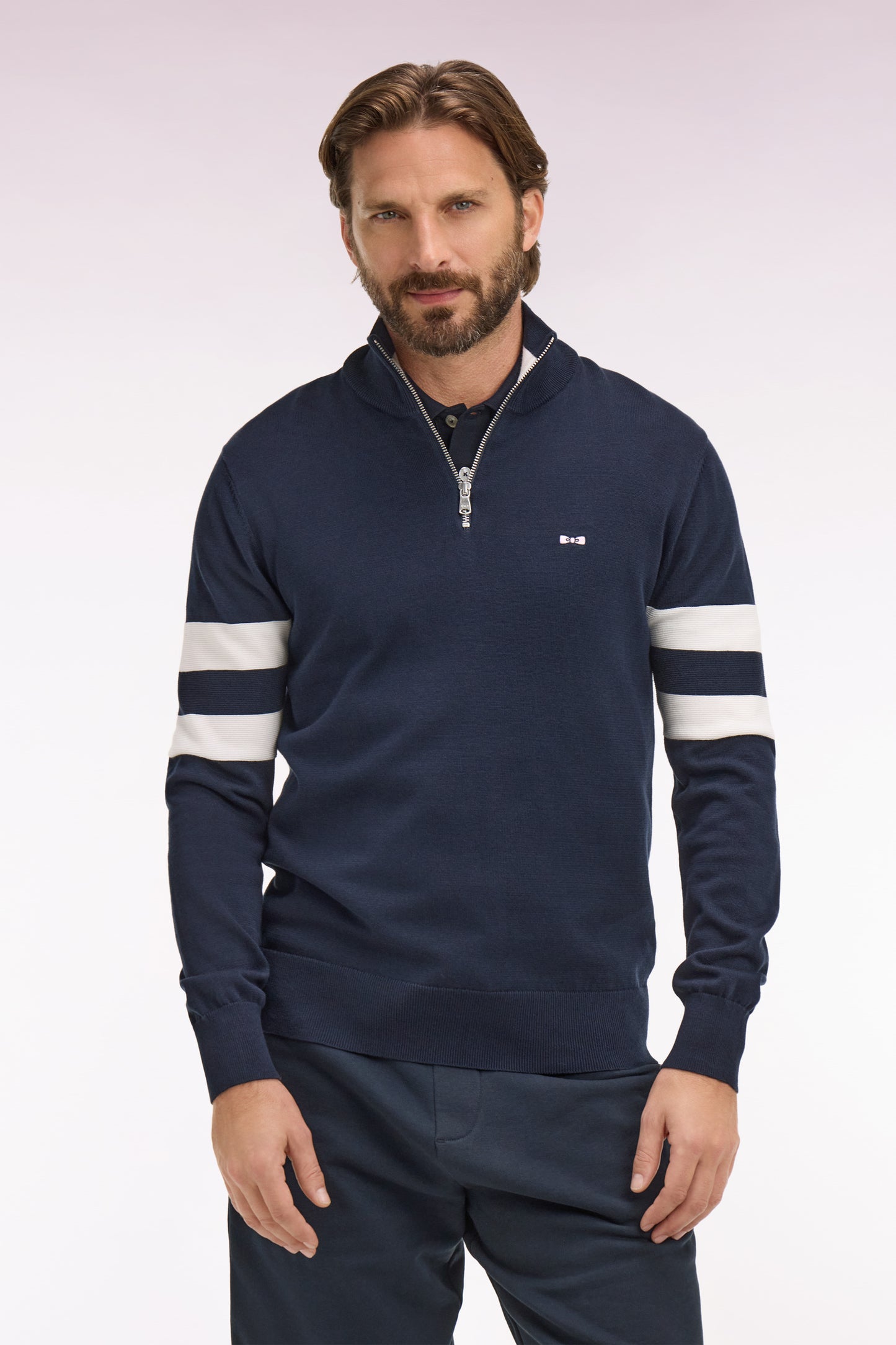 Navy cotton sweater with jersey collar and double-striped sleeves