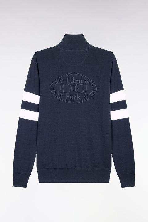 Pull col maillot en coton marine à double rayures manches - Image 2