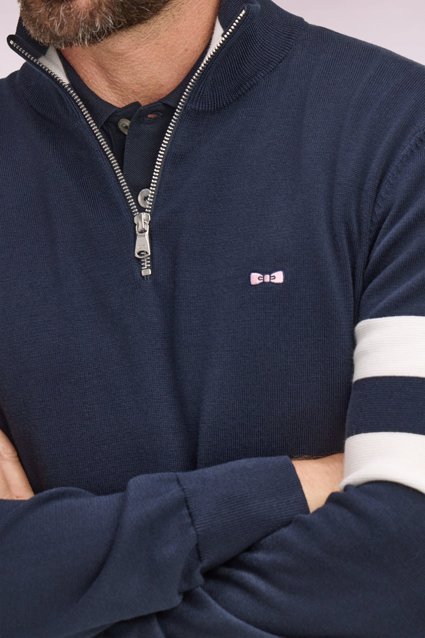 Navy cotton sweater with jersey collar and double-striped sleeves