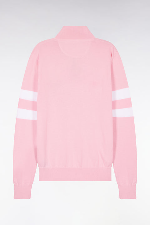 Pink cotton sweater with jersey collar and double striped sleeves - Image 2