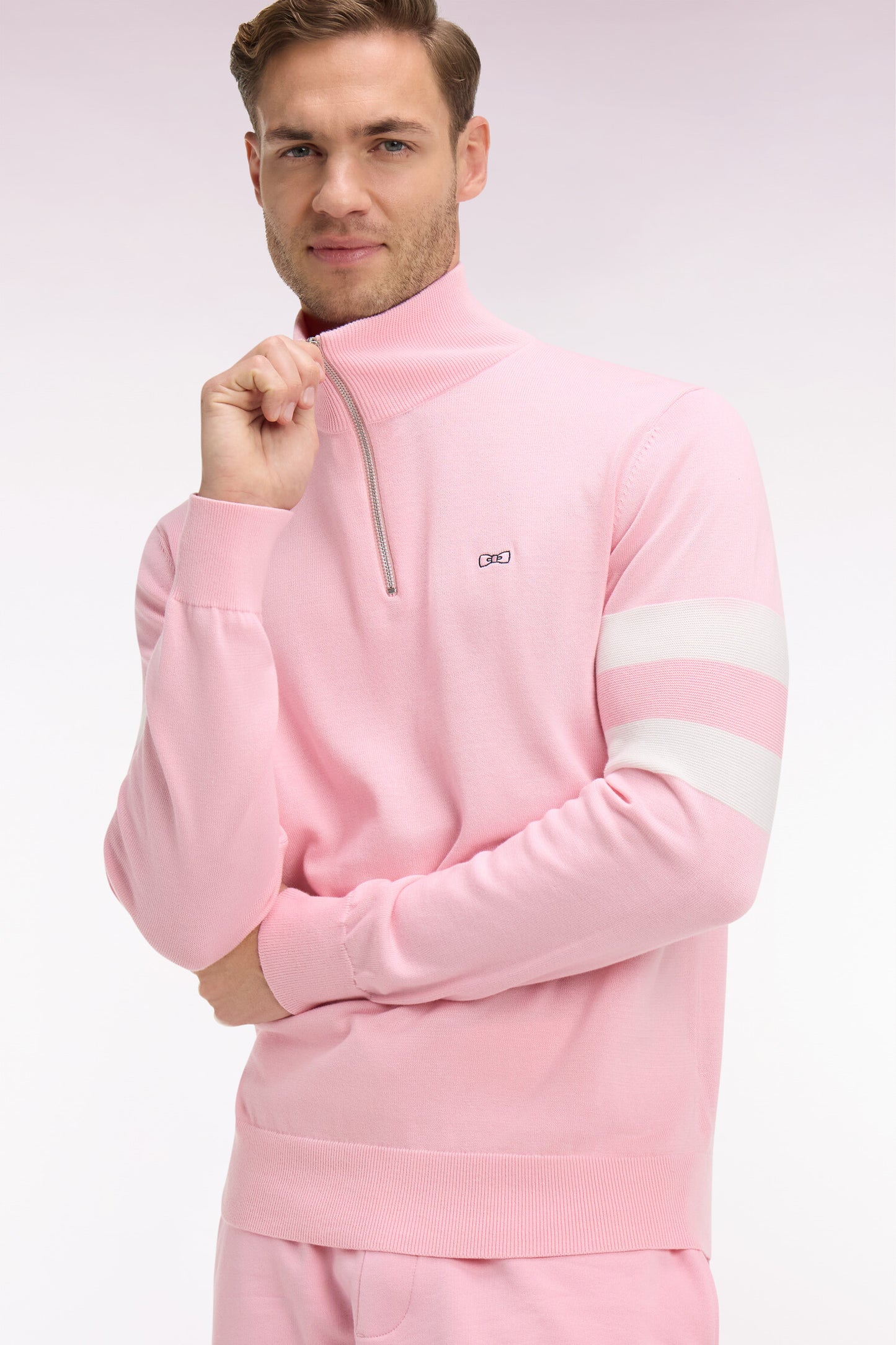 Pink cotton sweater with jersey collar and double striped sleeves