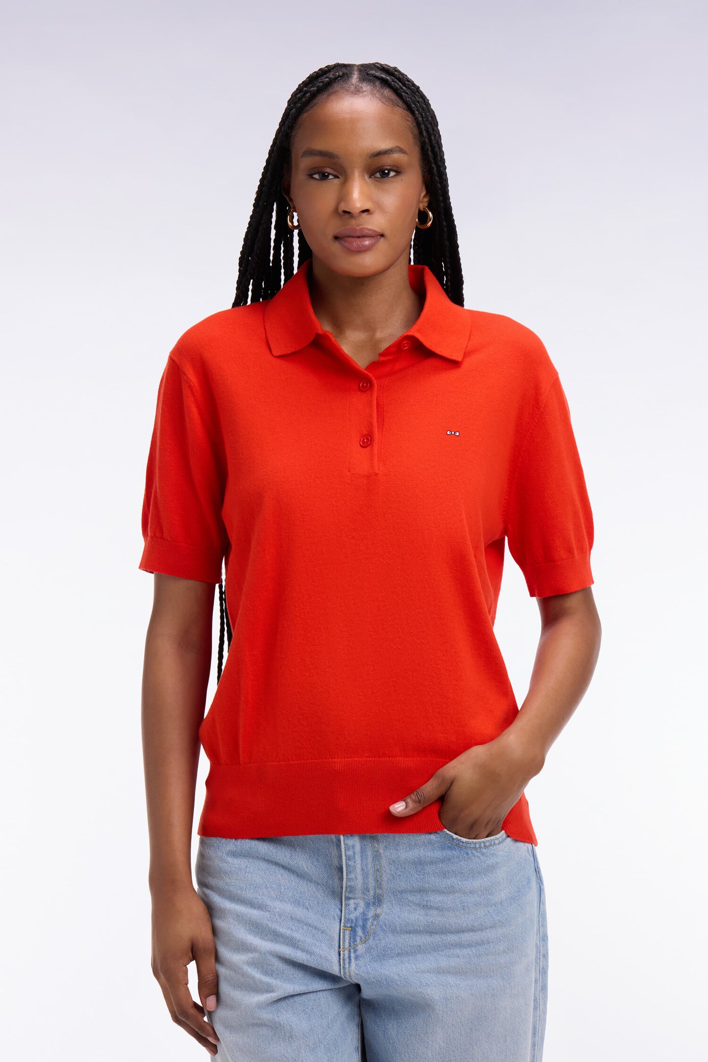 Pull polo à manches courtes en coton et soie mélangés rouge coupe regular