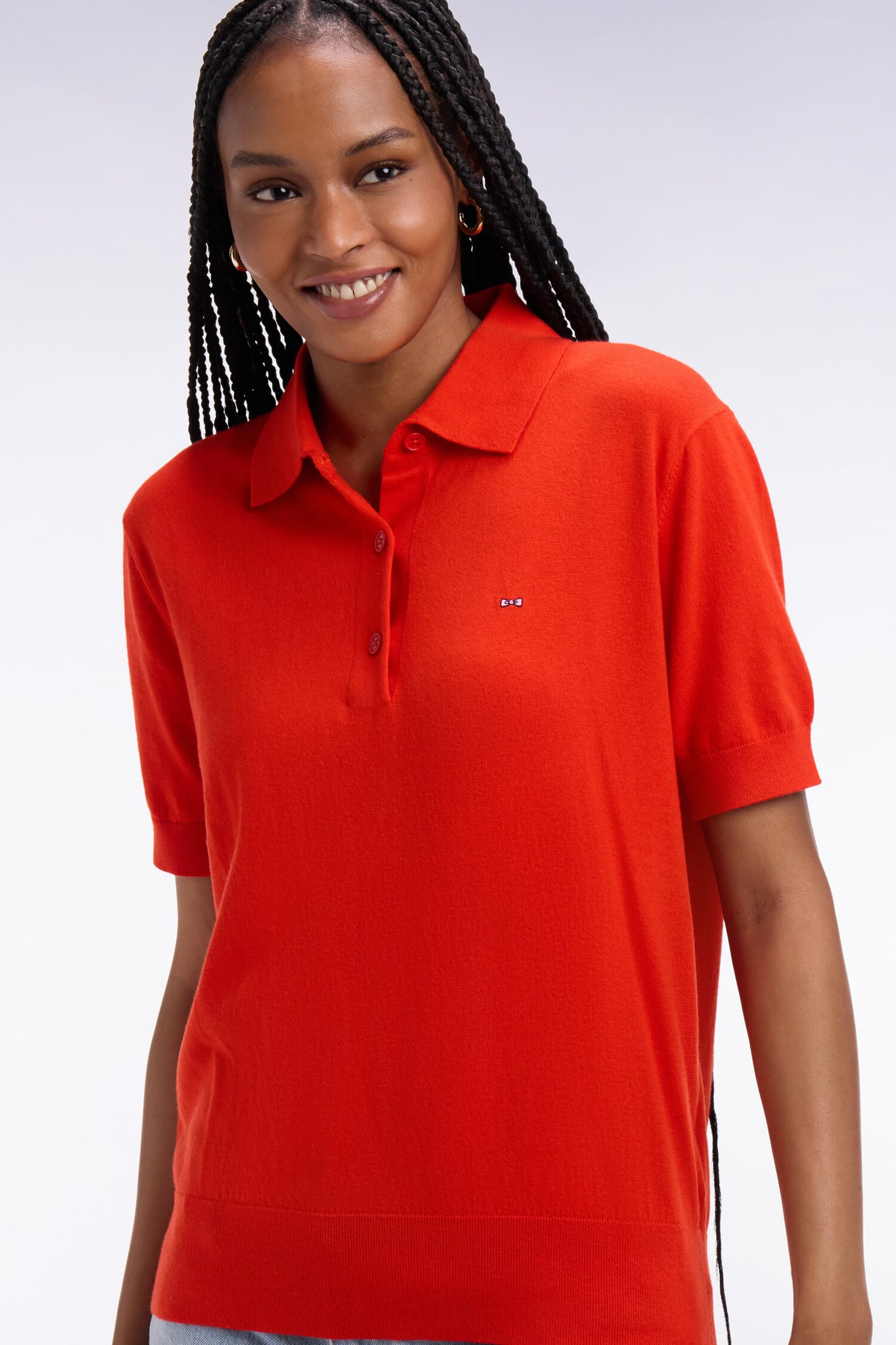 Pull polo à manches courtes en coton et soie mélangés rouge coupe regular