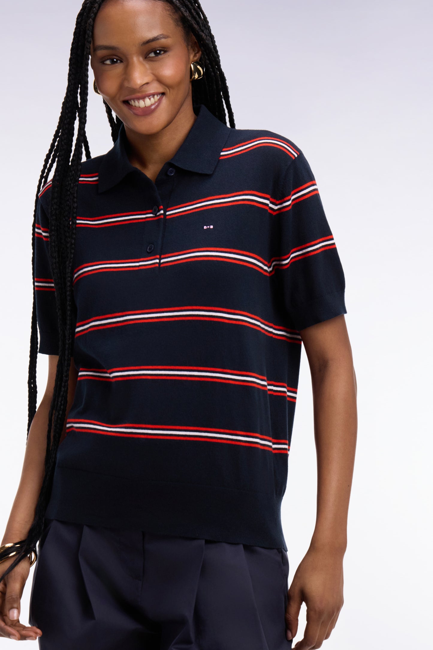 Pull à manches courtes rayé en coton et soie mélangés marine coupe regular