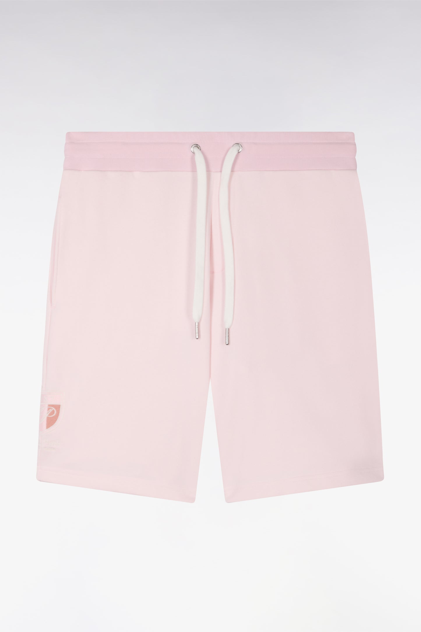 Pink cotton fleece shorts with crest embroidery