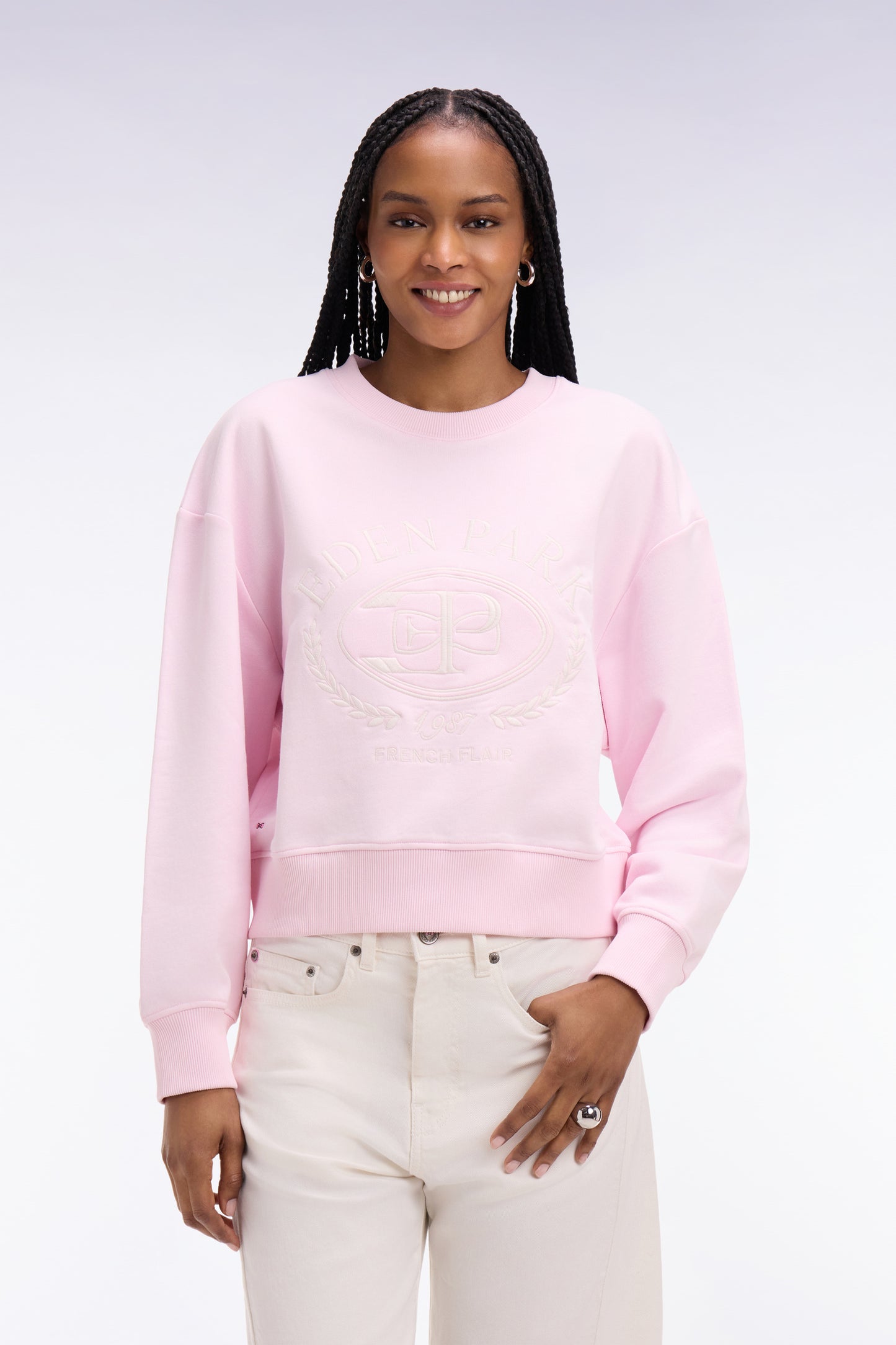 Sweatshirt en coton rose brodé coupe relaxed