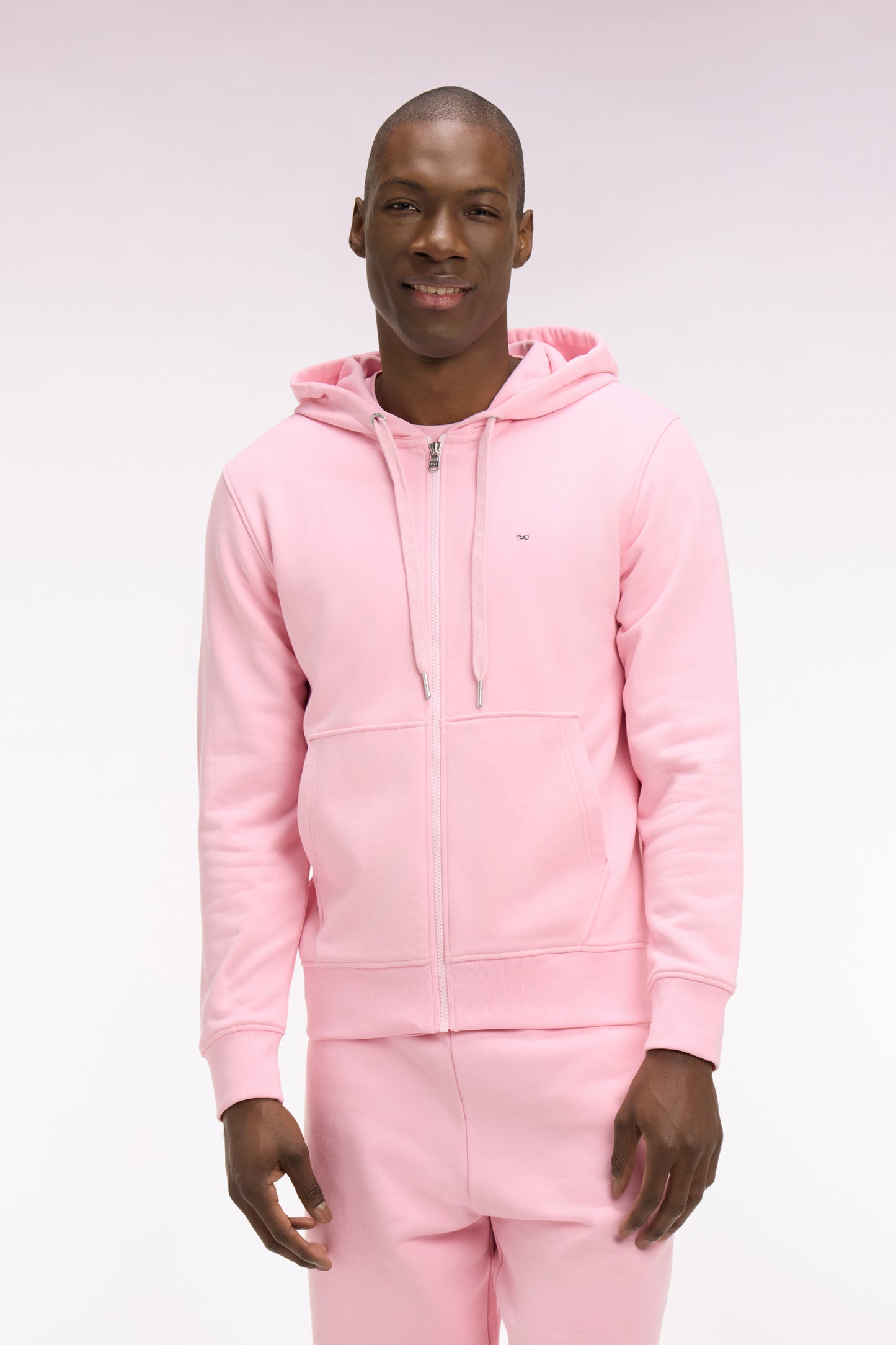 Pink cotton fleece zipped hooded sweatshirt