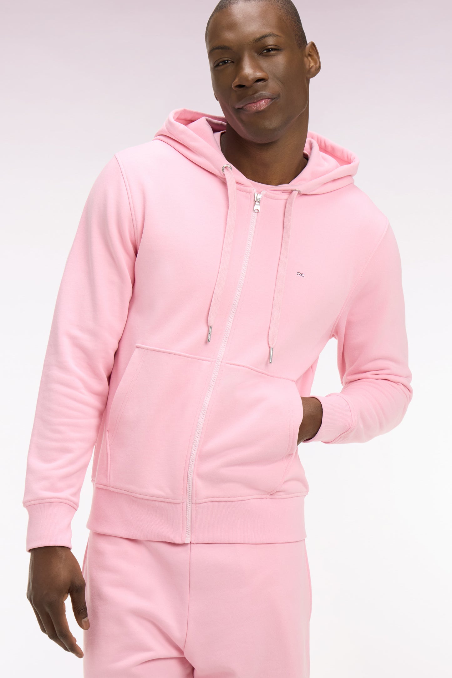 Pink cotton fleece zipped hooded sweatshirt