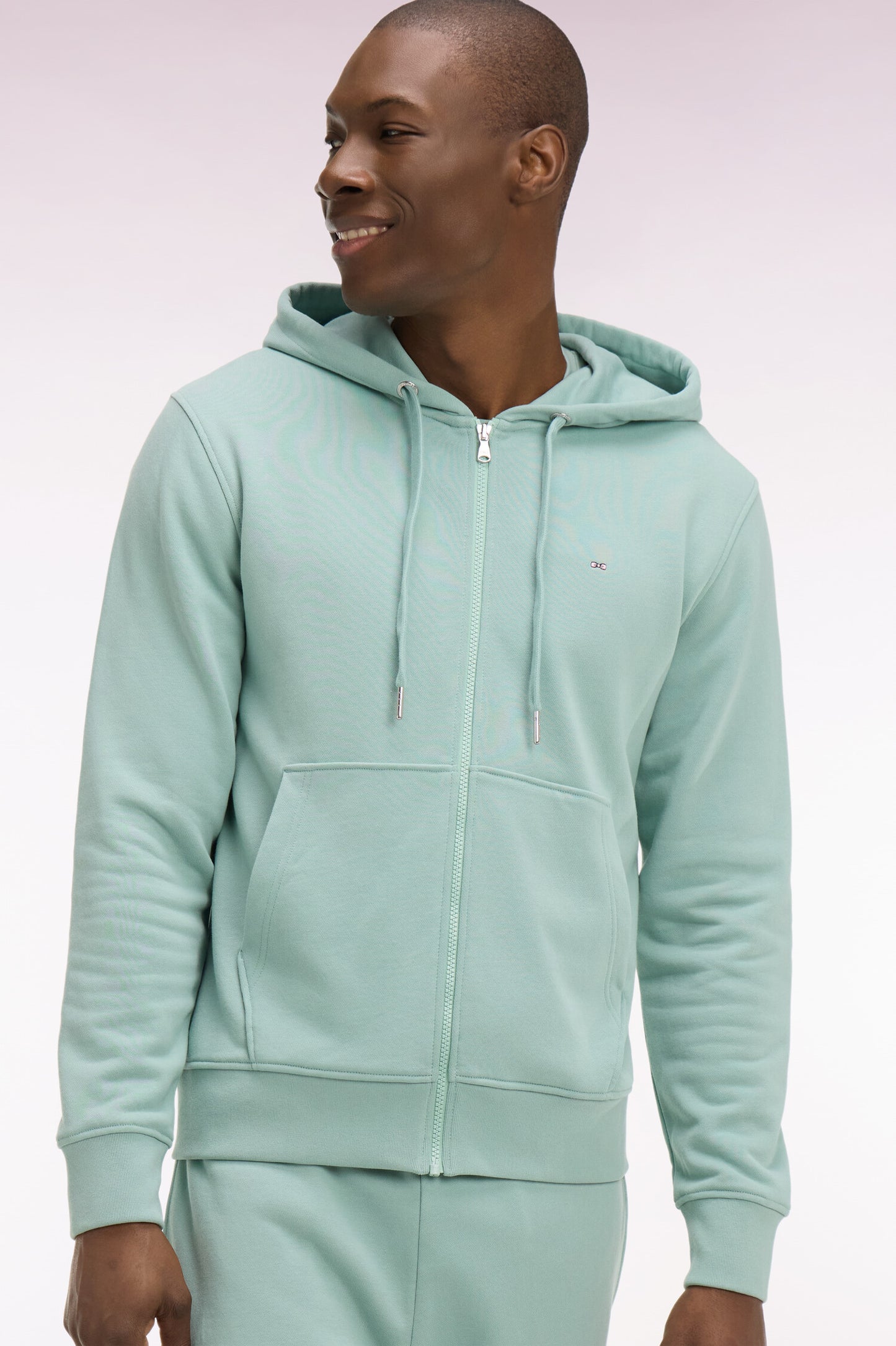 Zipped hooded sweatshirt in sea green cotton fleece