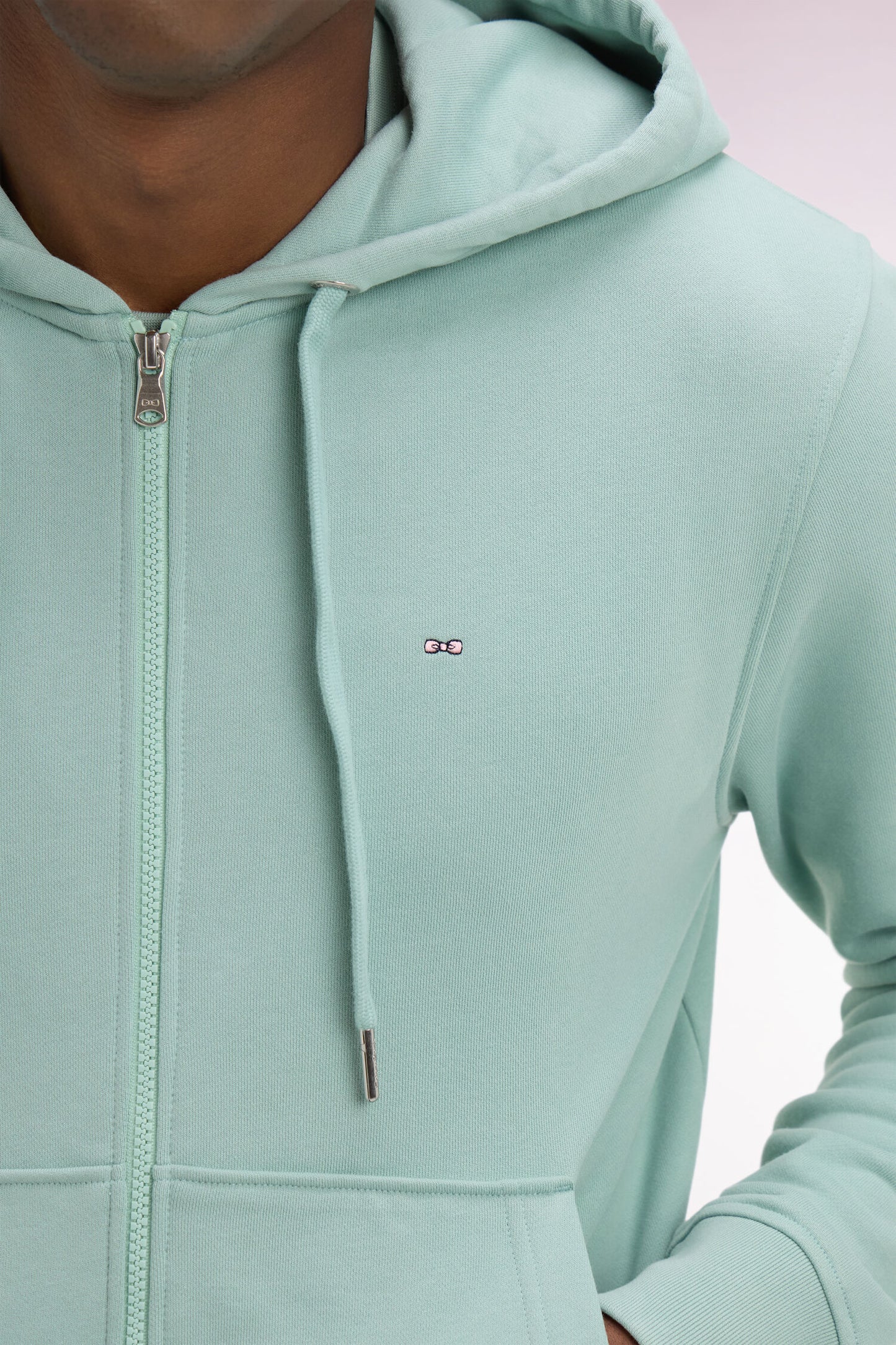Zipped hooded sweatshirt in sea green cotton fleece
